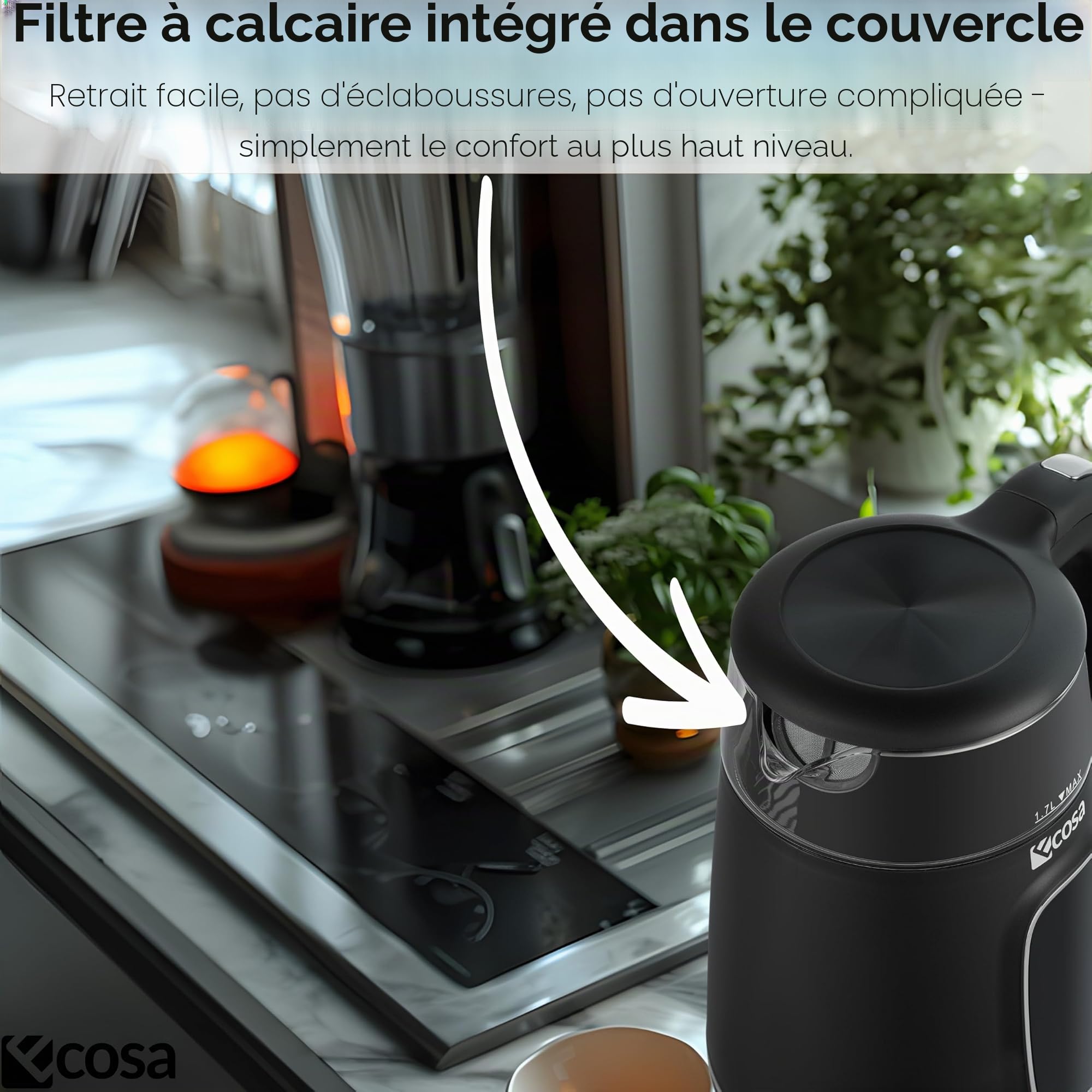 Ecosa Bouilloire avec réglage de la température, verre et acier inoxydable, bouilloire à thé, 1,7 l, 2200 W, sans BPA, avec choix de la température de 40 °C à 100 °C, fonction maintien au chaud