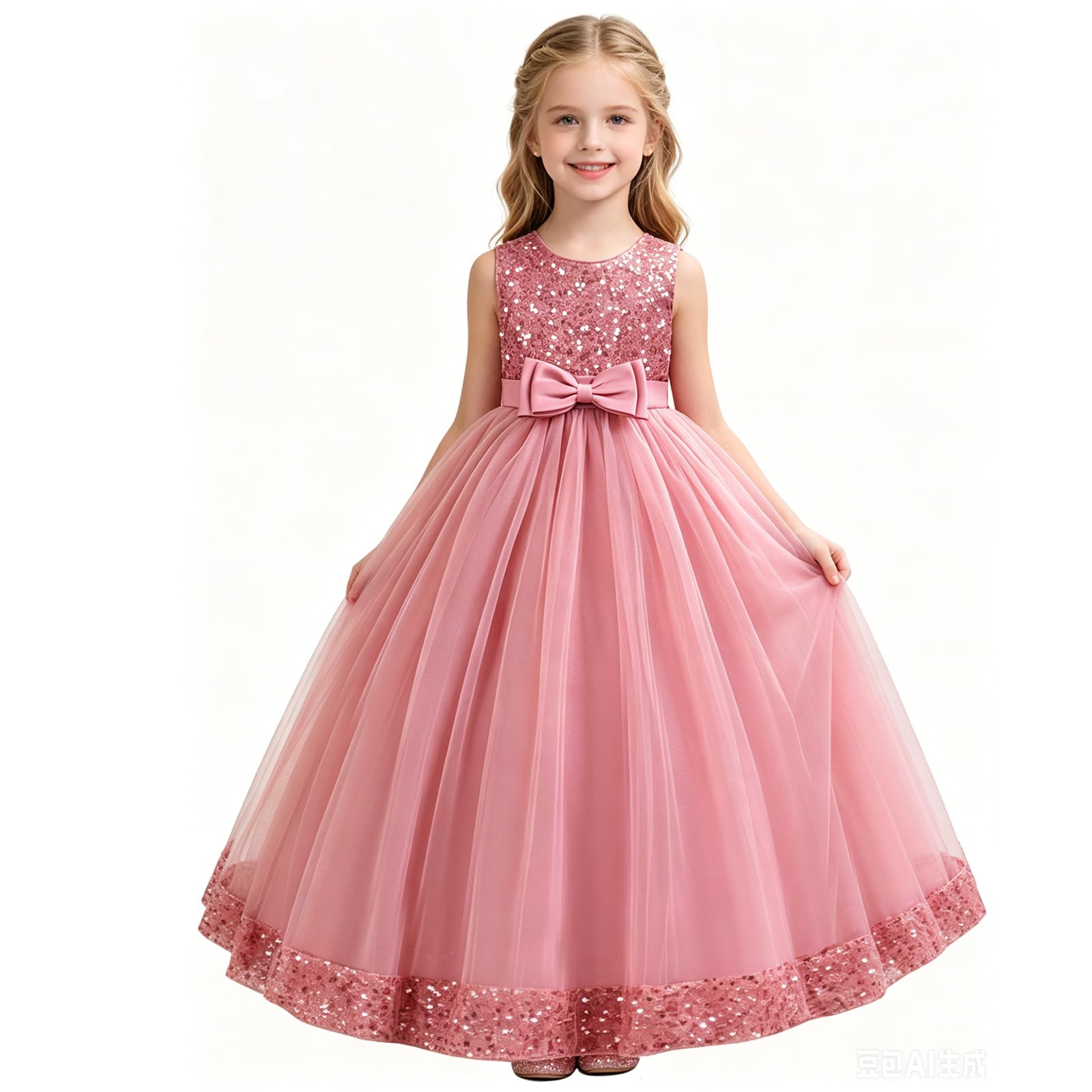 Discoball Abito da bambina senza maniche con fiocco con paillettes, lunghezza fino al pavimento, abito da principessa per matrimoni, feste, tutù, vestito lungo per bambini 8-11 anni