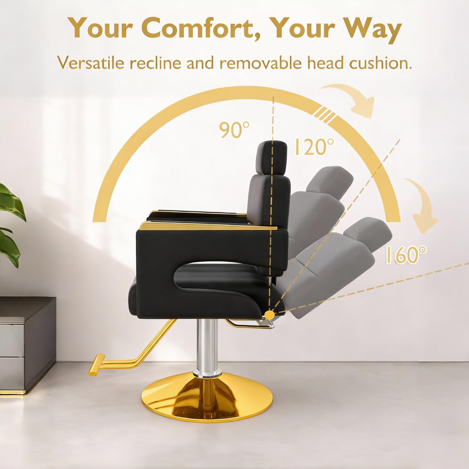 Professional Barber Salon Chair with Stainless Steel Armrests & Reclining Backrest, Hydraulic Pump Stylist Chair with 360° Swivel & Adjustable Height, Black+Gold