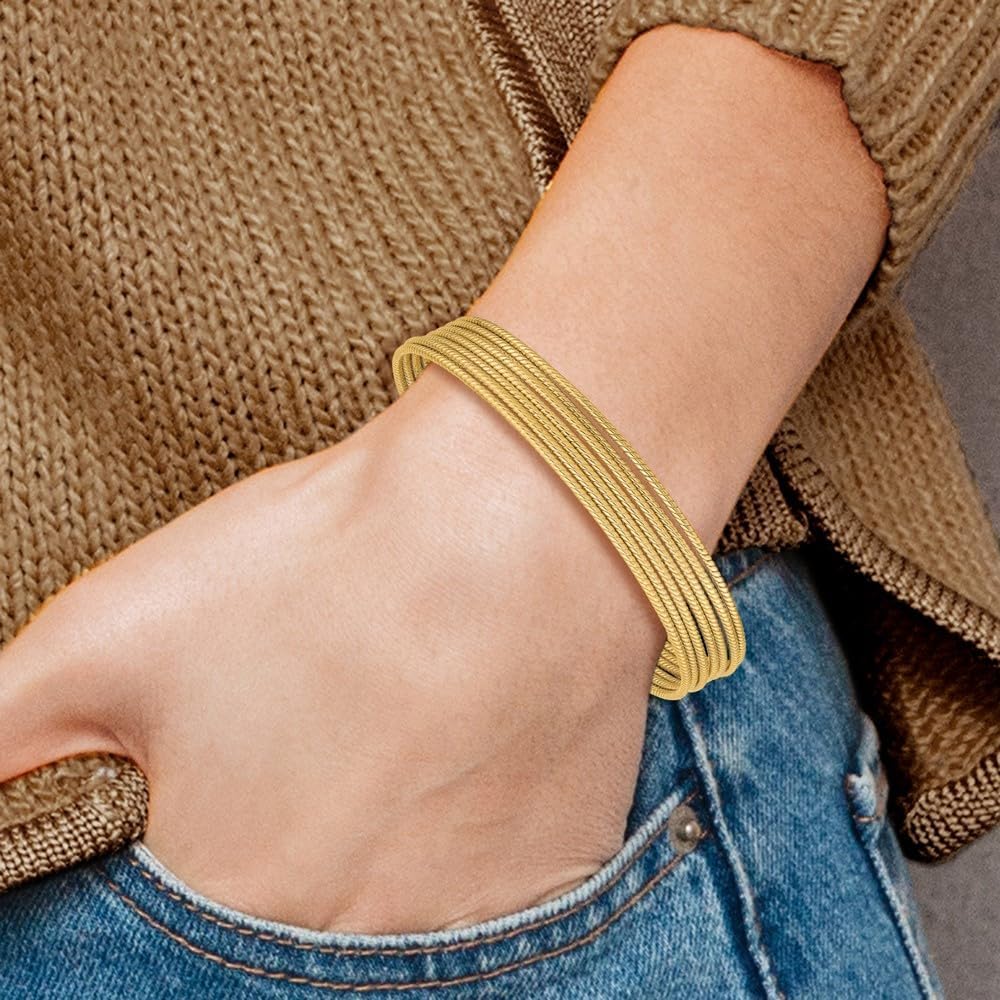 Dewberry 14K Solid Yellow Gold w/Dangle Heart Oversized Slip-on Set of 7 Textured Bangles (Weight : 12.2 GM, Width : 11MM)