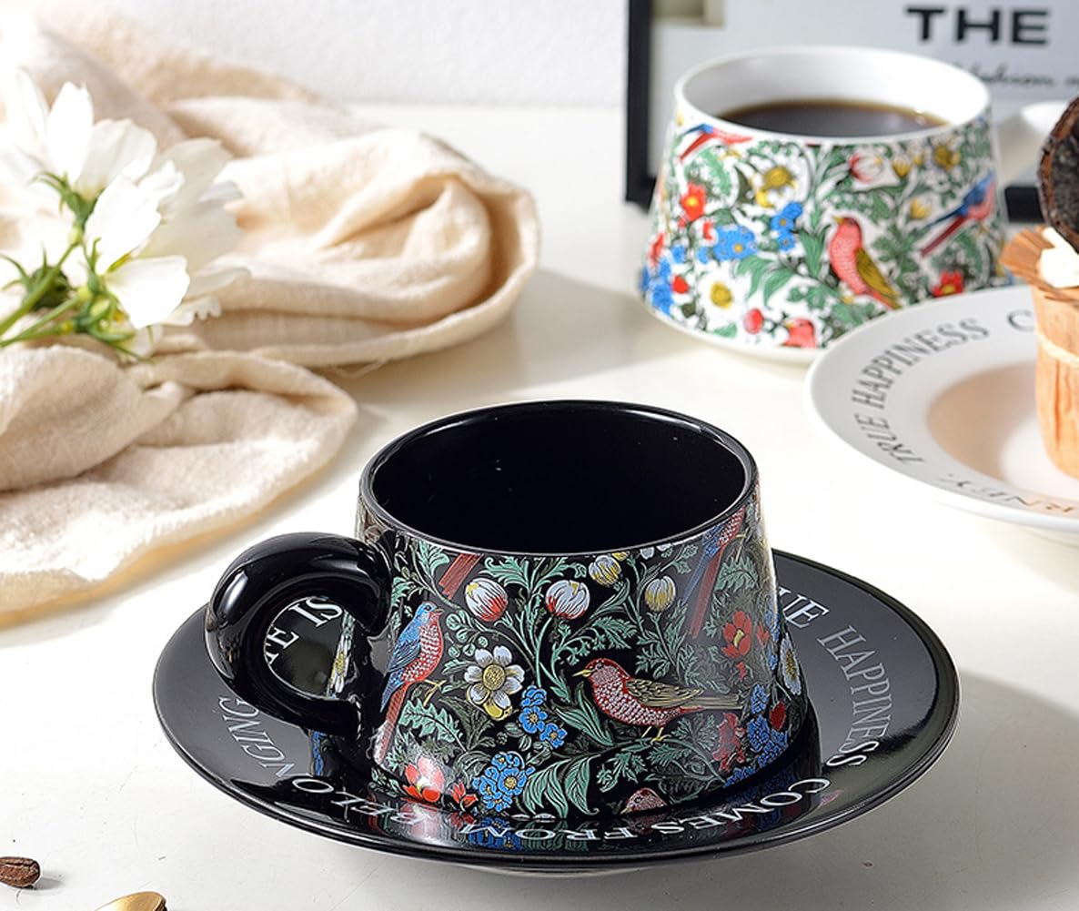 Eplze YBK Tech Morris Style Ceramic Cup and Saucer Set, 9oz Teacup with Saucer- Birds and Floral Pattern (Black) - Image 3