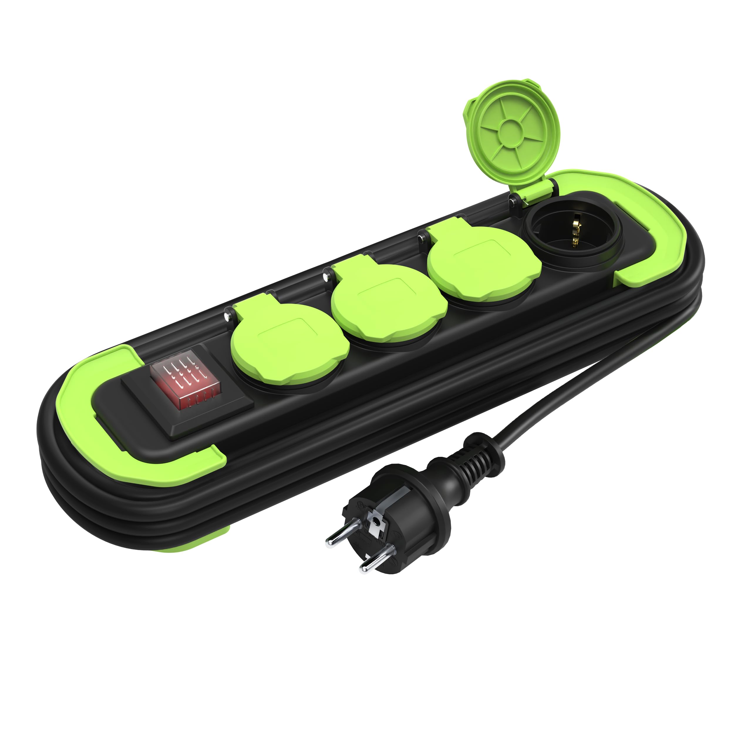 MutecPower4-Way Power Strip IP44 Multiple Socket with Switch, Waterproof Outdoor Power Strip, Protective Contact Sockets with Covers and Roll-Up Cable 5 m 16A/250V H05RR-F3G1 Black/Green