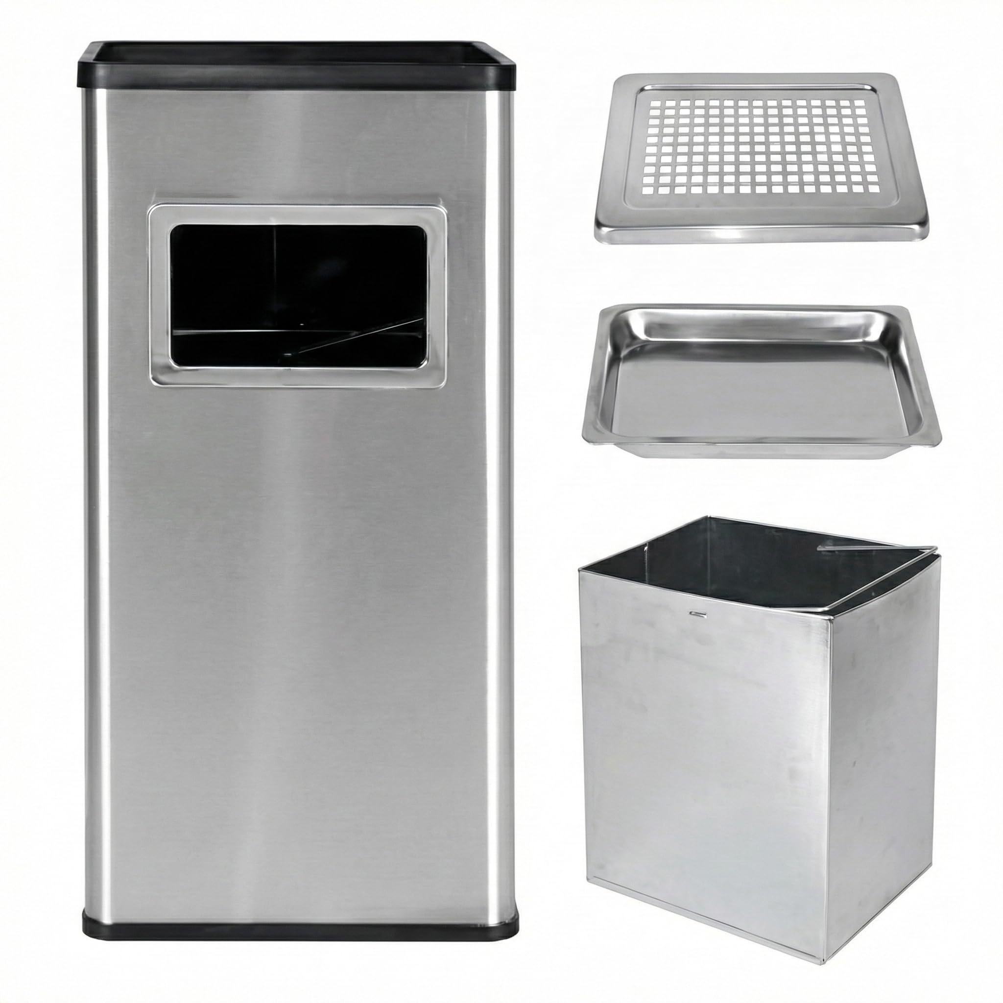 2-in-1 Standaschenbecher und Mülleimer für draußen, mit 20 Liter fassendem Abfallbehälter, Abmessungen H61 x L30 x B24 CM, Silber.