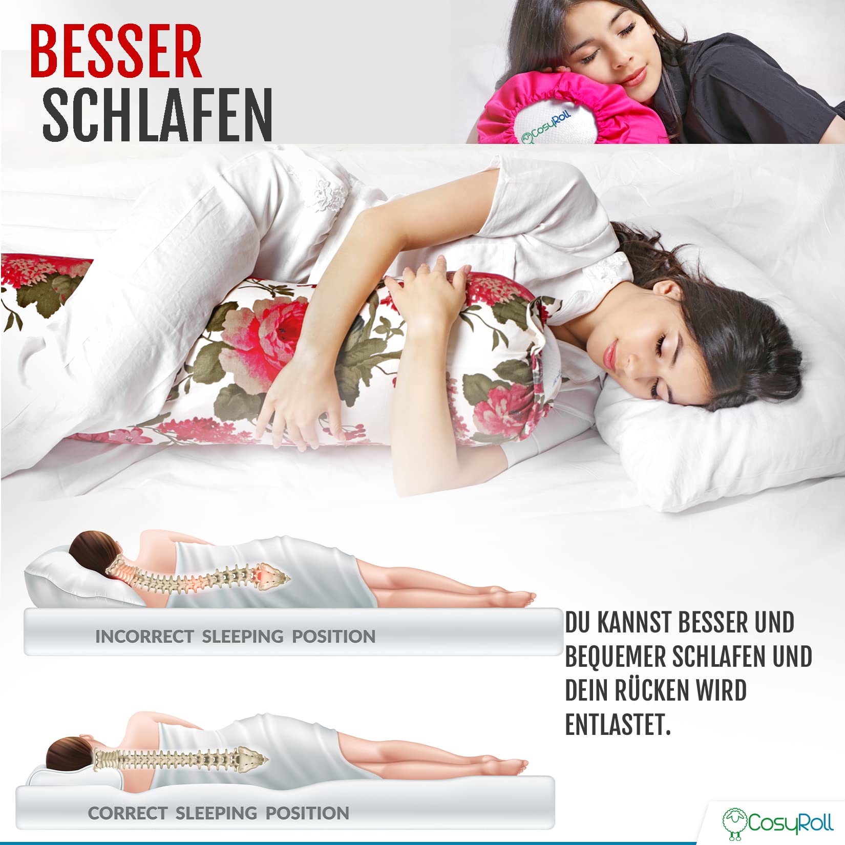 Original CosyRoll® Seitenschläferkissen & Kuschelkissen | Besser schlafen Kissen | 100% Baumwolle & Füllung aus Mikrofasern | 90cm x 30cm | Kissen mit Bezug Peony (Farbe: Pink)