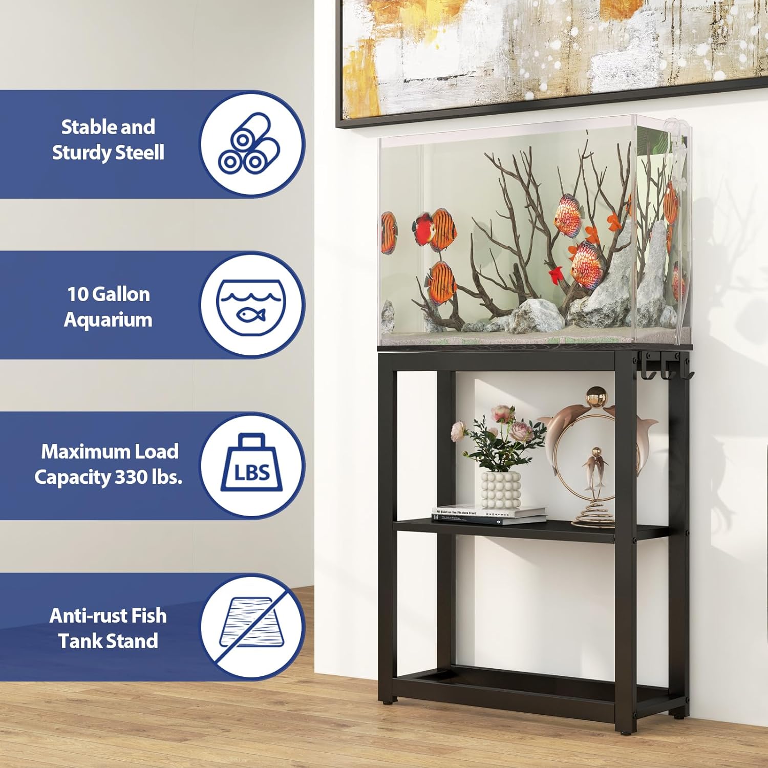 Livofloral 10-20 Gallon Fish Tank Stand with Storage Shelf, Aquarium Stand Measuring 24.8" W x 9.5" D x 30.1" H with Hooks,Heavy Duty Metal Turtle Reptile Tank Stand, Easy Assemble