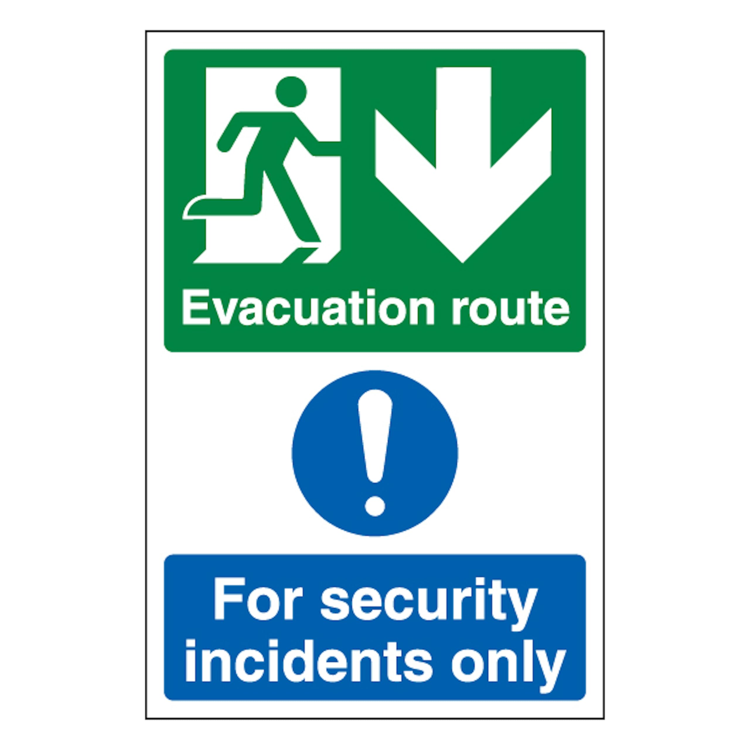 V Safety Evacuation Route Arrow Down/Security Incidents Only - Portrait 200 x 300 mm - 2mm Super-Tough Rigid Plastic Safety Sign