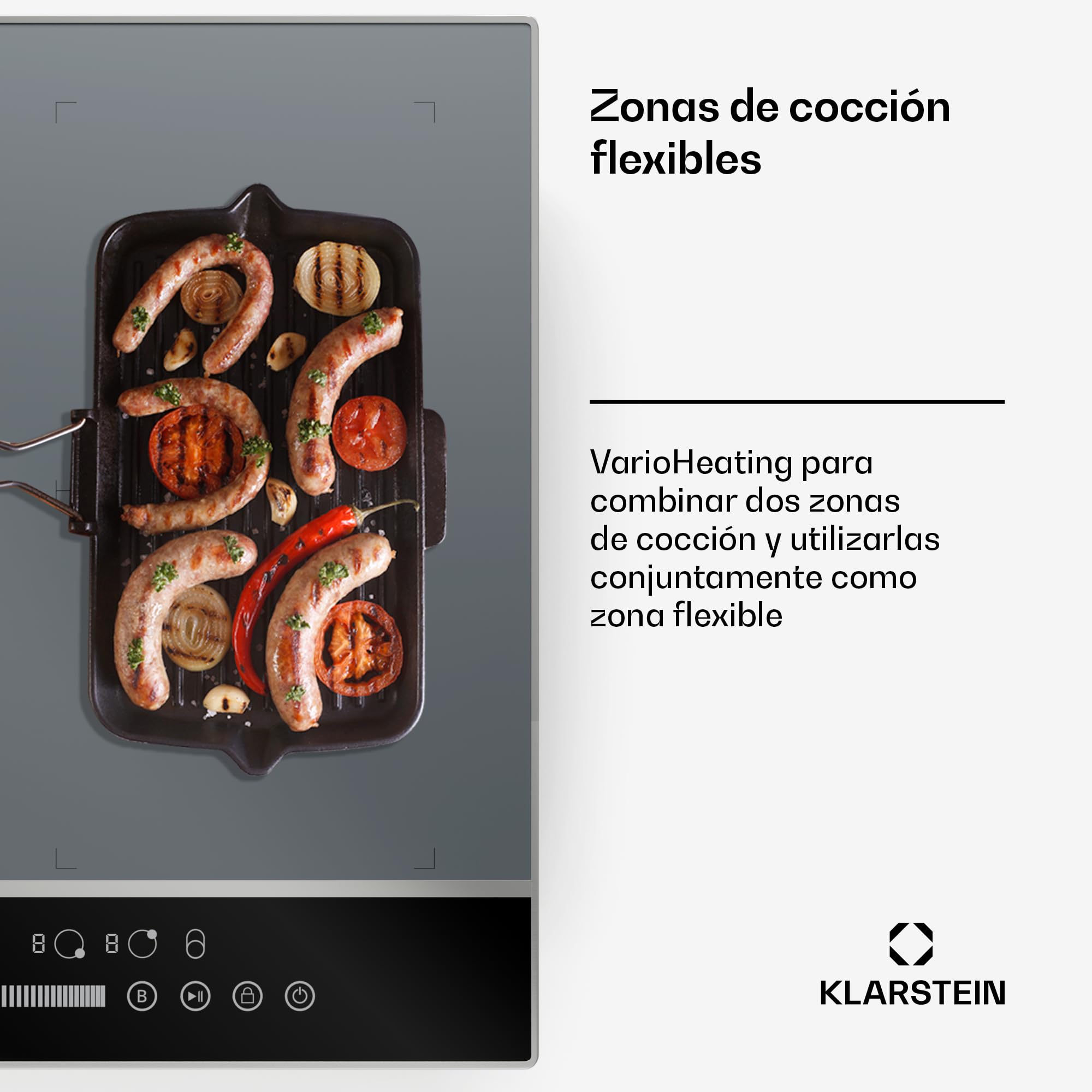 Klarstein DualTone Flex Placa Inducción - 4 Zonas Flexibles, 7200W, Control Deslizante, Thermoboost, Temporizador, Marco de Aluminio, Pantalla Led Blanca, Plateada