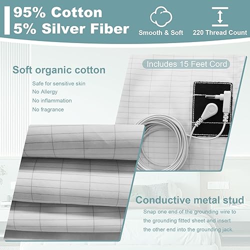 Miniatura 4 de Sábanas de tierra de tamaño matrimonial, sábanas de tierra con alambre de tierra, 10% plata pura, 54 x 75 x 14 pulgadas, sábanas bajeras de tierra