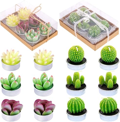 Glarks 12 velas de té, suculentas artificiales hechas a mano, velas de cactus para fiesta de cumpleaños, día de San Valentín, boda, spa, decoración