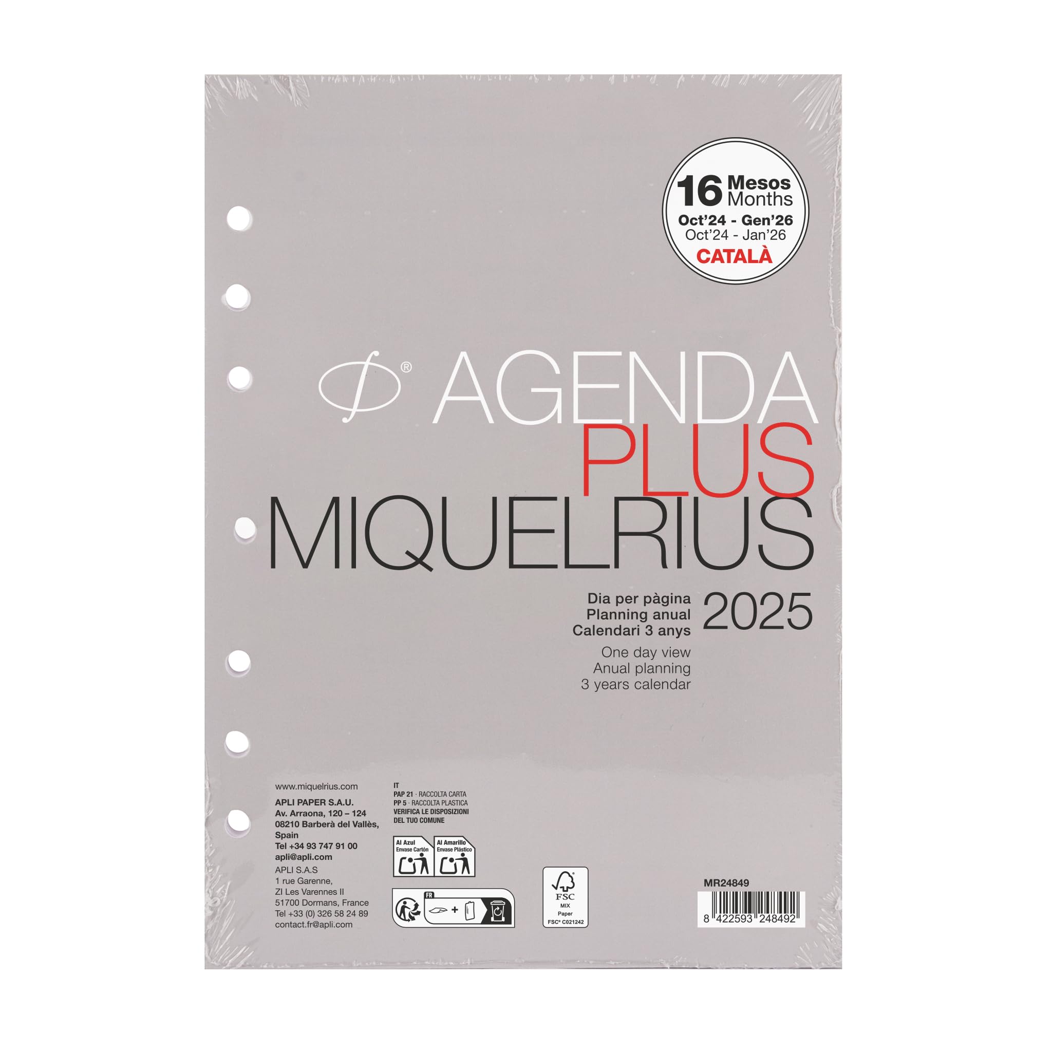 Miquelrius 2025 Annual Diary 16 Months, Day Page, Replacement for A5 Diary Equivalent 155 x 213 mm, 6 Rings Refill, Catalan, Portuguese and English
