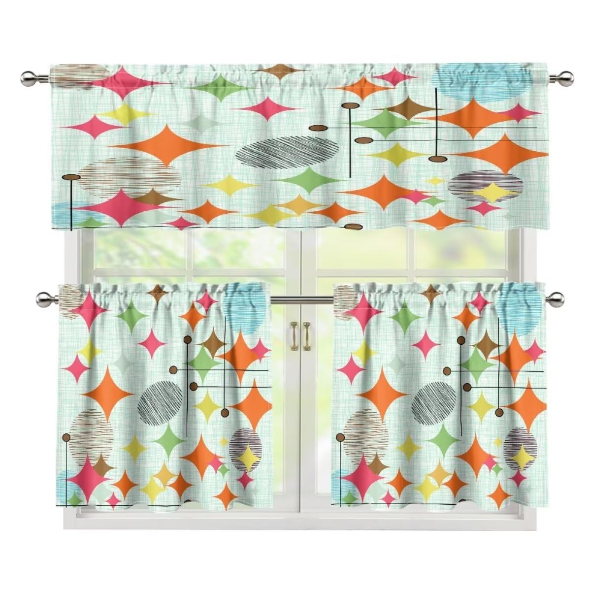 Abstract Kitchen Curtain Valance and Tiers Set Colored Retro Modern Geometric Short Curtain Office Living Room Bedroom Dining Room 54 x 18 inches + 27.5 x 24 inches *2