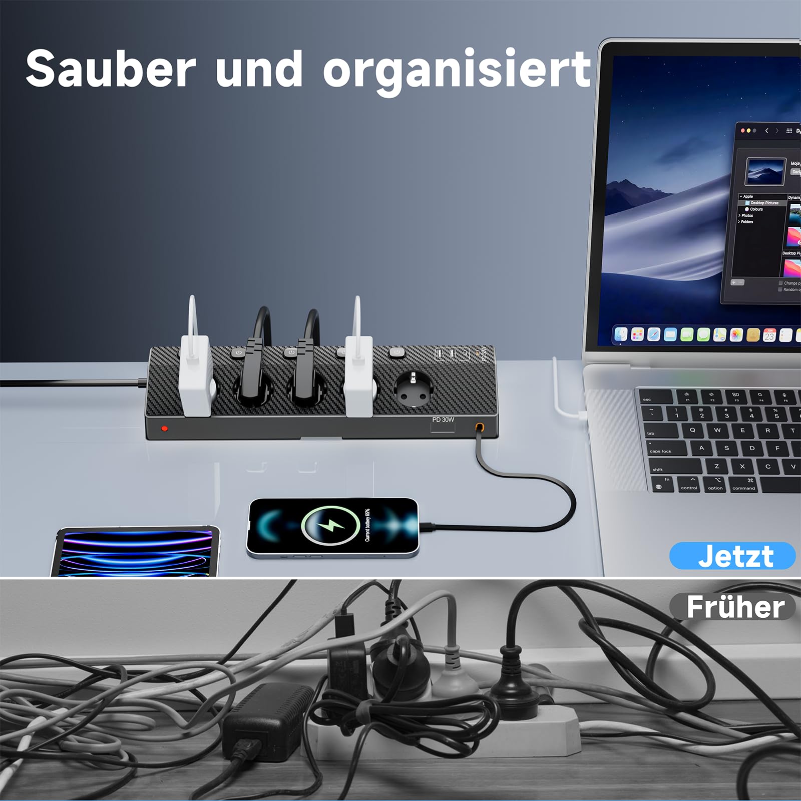 Ciabatta da tavolo con 2 USB C (PD 30 W), 5 prese multiple con interruttore, ciabatta con USB, 4000 W/16 A, cavo da 2 m, per casa, ufficio e viaggi (nero, 3 m e 30 W)