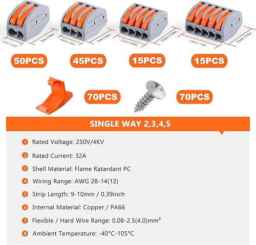 Miniatura 3 de Delgada Kit de tuercas de conectores de cable de palanca compacta, 265 piezas, terminales de cableado reutilizables de 2345 puertos, conectores de