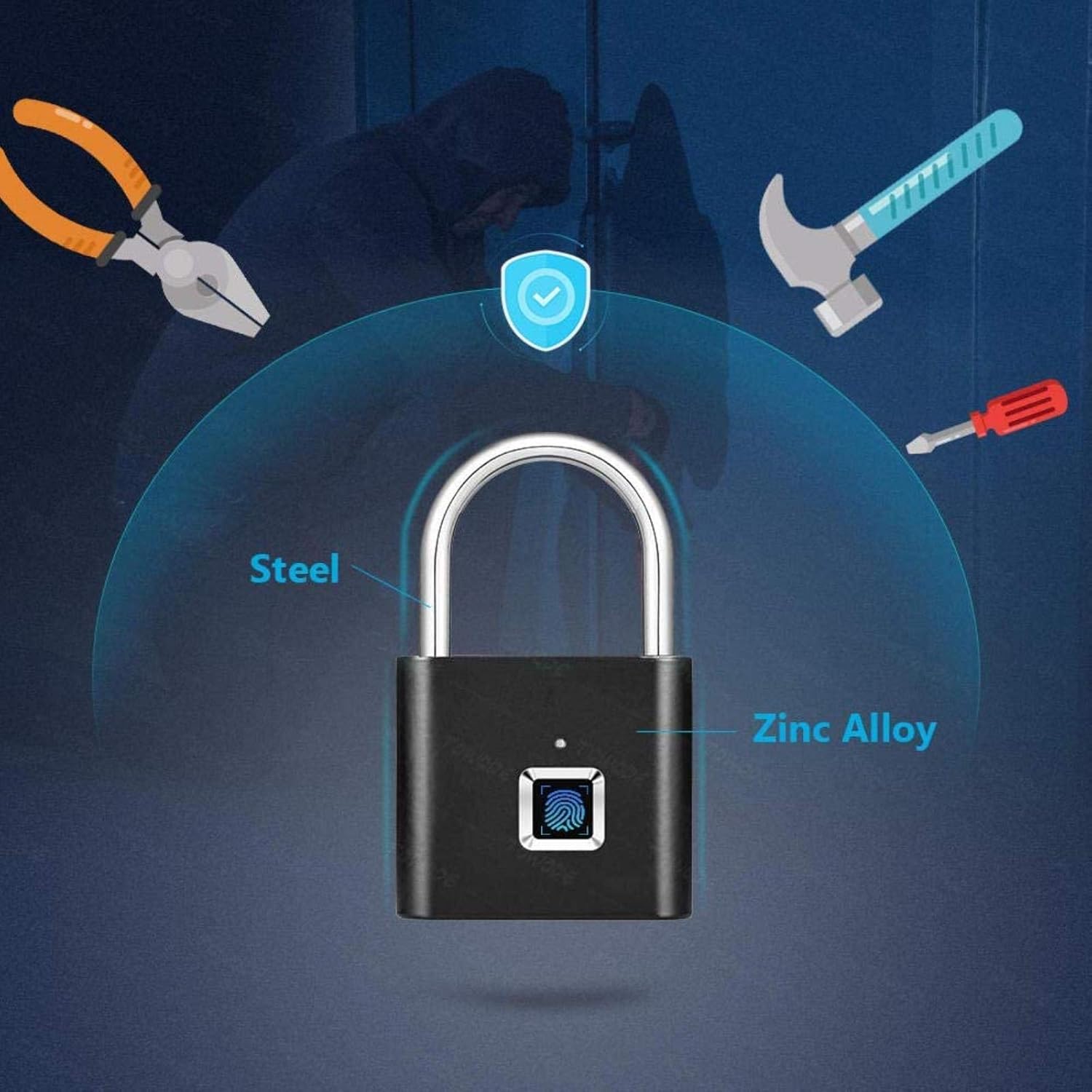 キーレスUSB充電式ドアロック指紋スマート南京錠クイックロック解除亜鉛合金金属自己現像チップドアロックブラック (Color : S