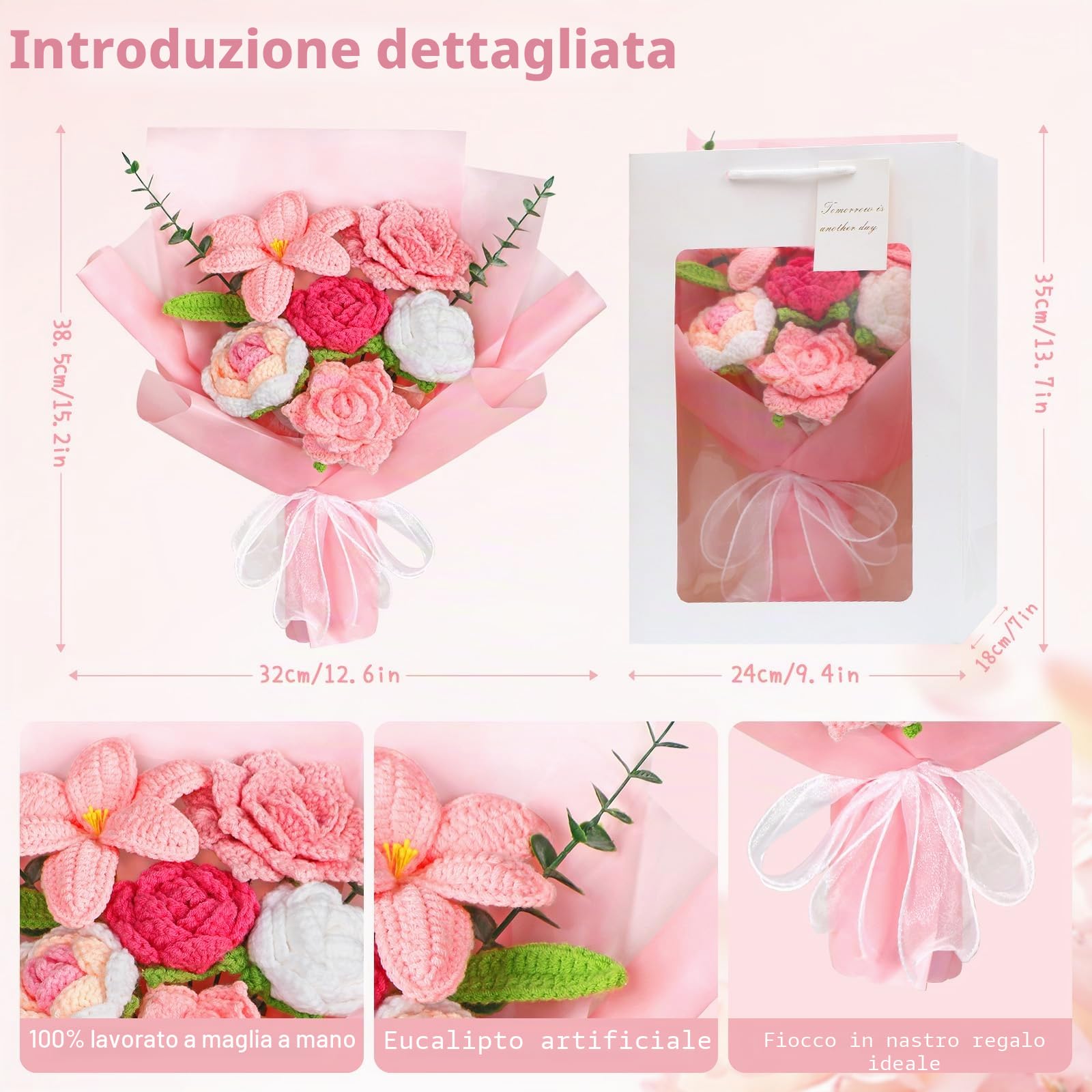 UXORSN Bouquet di fiori all'uncinetto Tessuti a mano Artificiali Rose tulipano Lavorati a Maglia Fiori Composizione Floreale Finta per Festa Della Mamma Anniversario Compleanno Laurea Regalo (Rosa)