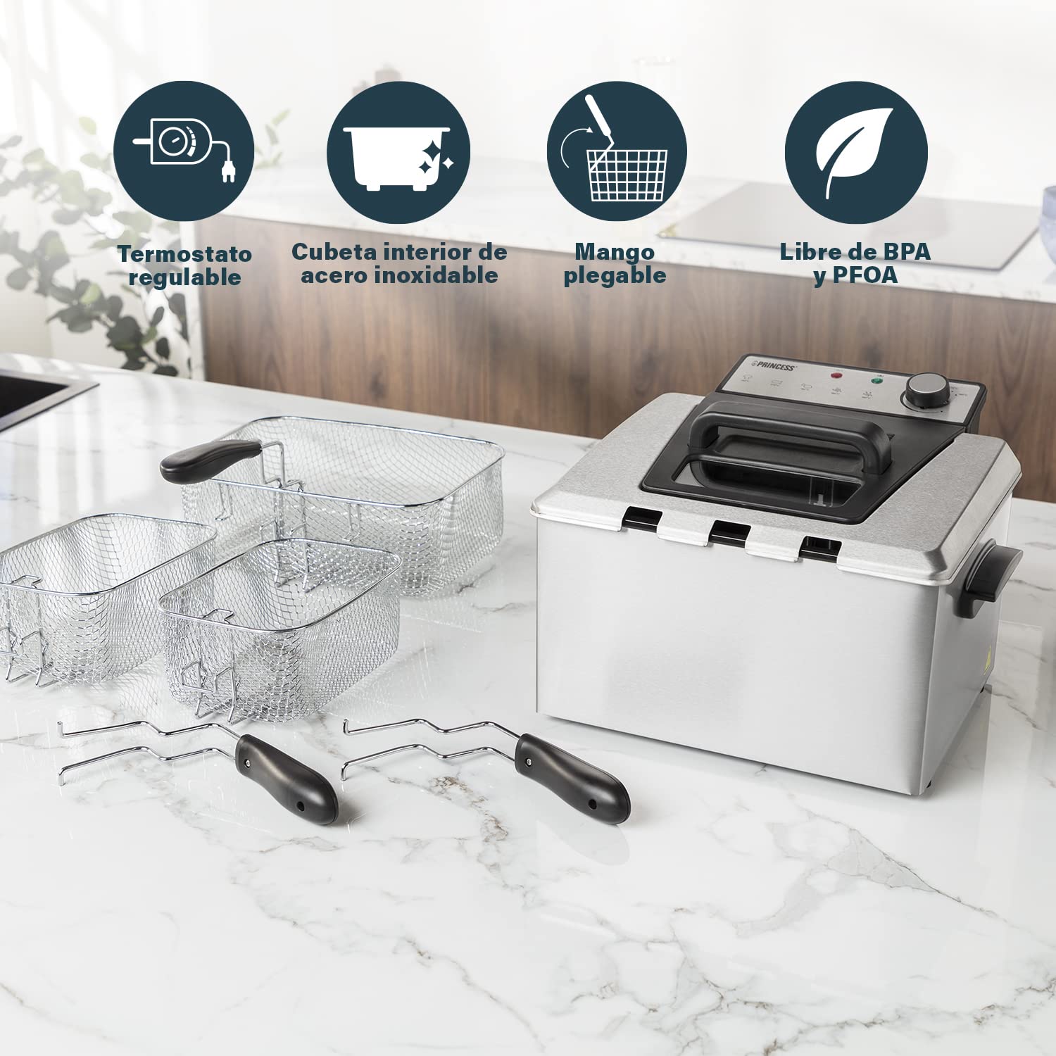 Princess 185000 - Freidora con 3 cestas semiprofesional, una grande y dos pequeñas, zona fría, potencia de 3270 W, volumen de 5 litros, acero inoxidable