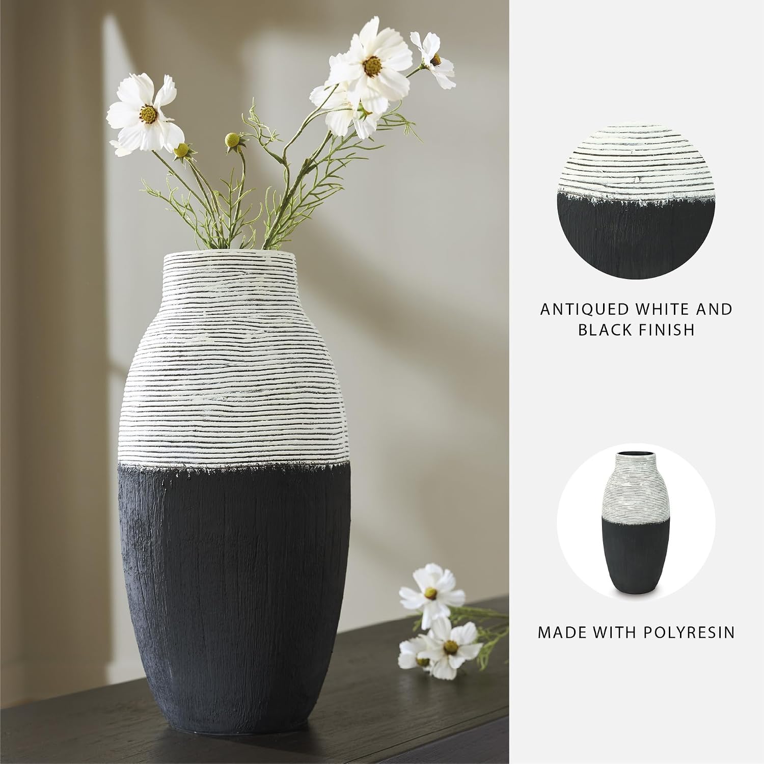 Signature Design by Ashley Tall Large Decorative Vase, Black and White | Heavy 6 lb polyresin construction, Distressed rustic texture and oval shape for non-watertight dry styling, Girtha Series