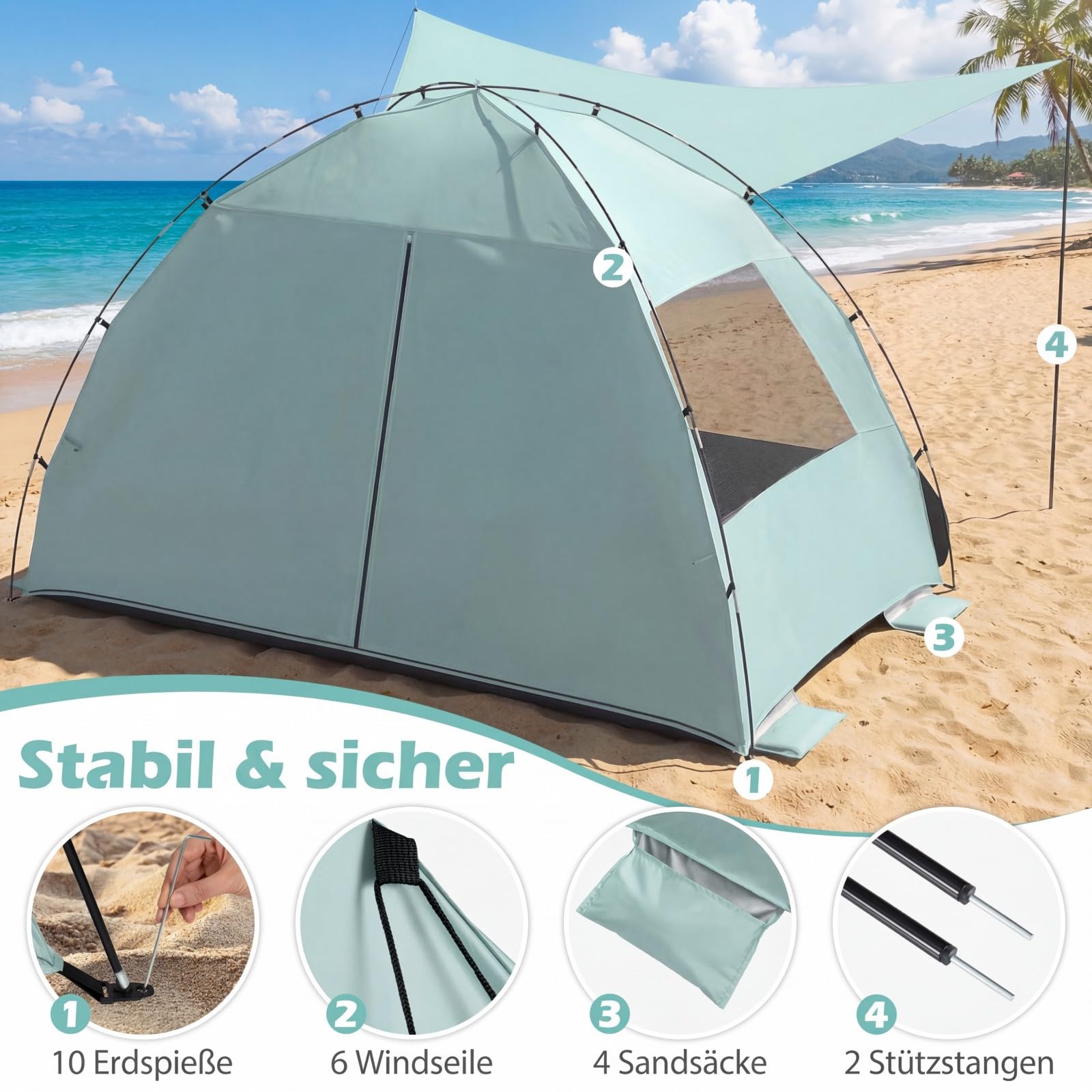 COSTWAY Strandmuschel mit Vordach, Strandzelt UV-Schutz 50+ mit Reißverschlusstüren & Netzfenstern, Zelt für 5-6 Personen inkl. Tragetasche & Heringe (260 x 150 x 160 cm,Grün)