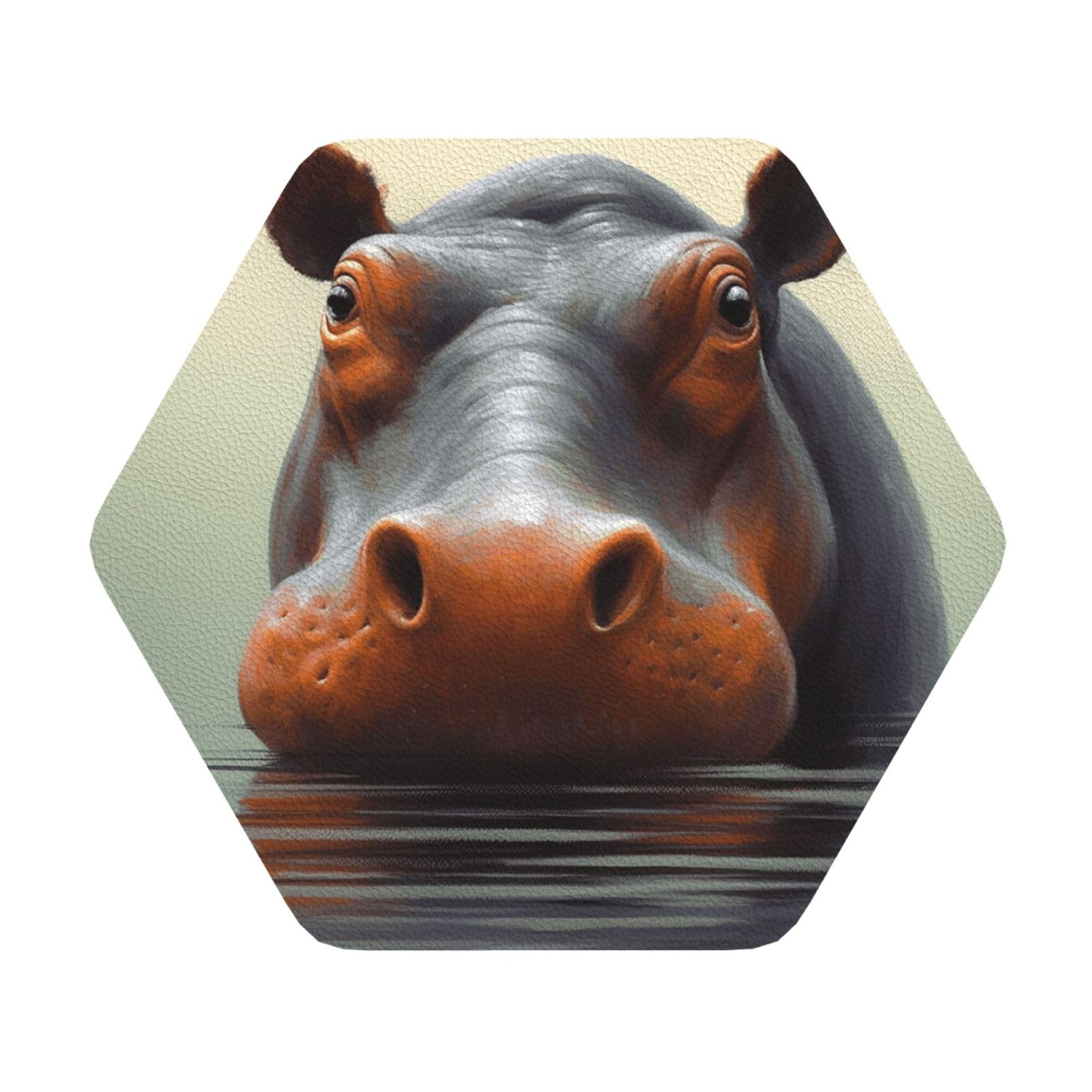 Fodpand Hexagon Hippo Drink Coasters Set Of 4, Heat Resistant Leather Coasters Fuuny Bar Beer Beverage Coaster For Drinks, Absorbent Cup Mat For Tabletop Protection, Housewarming Gift