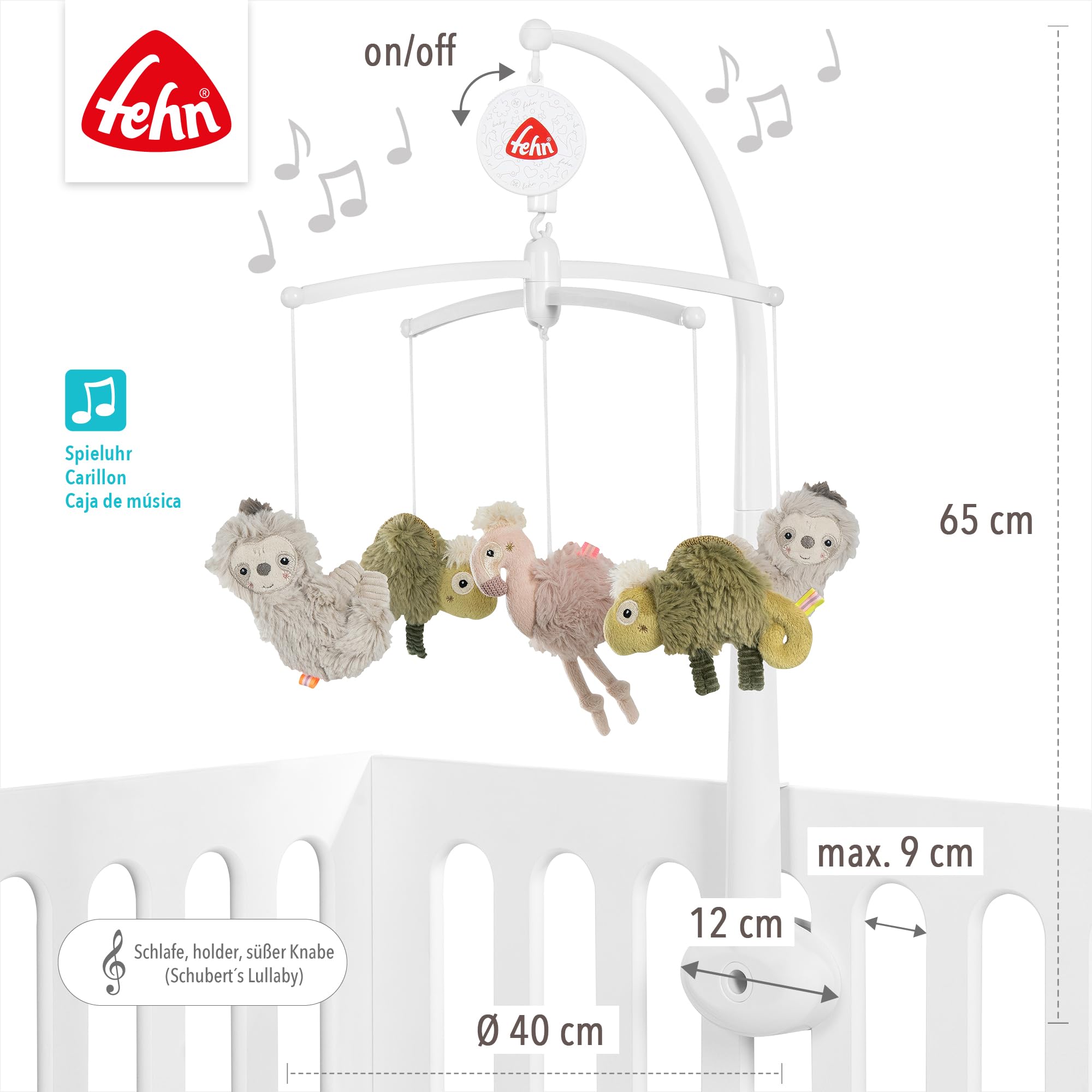 Fehn giostrina musicale Lazy, Crazy, Pink - mobile da appendere con melodia musicale ninna nanna di Brahms e personaggi per calmare e intrattenere - Con fissaggio al letto per bambini da 0 a 5 mesi