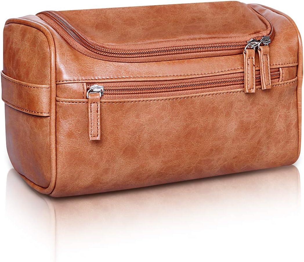VASKER Travel Toiletry Bag Leather Dopp Kit Hanging Toiletry Organizer Makeup Bag Waterproof Portable Bathroom Cosmetic Bag Business Gift for Men