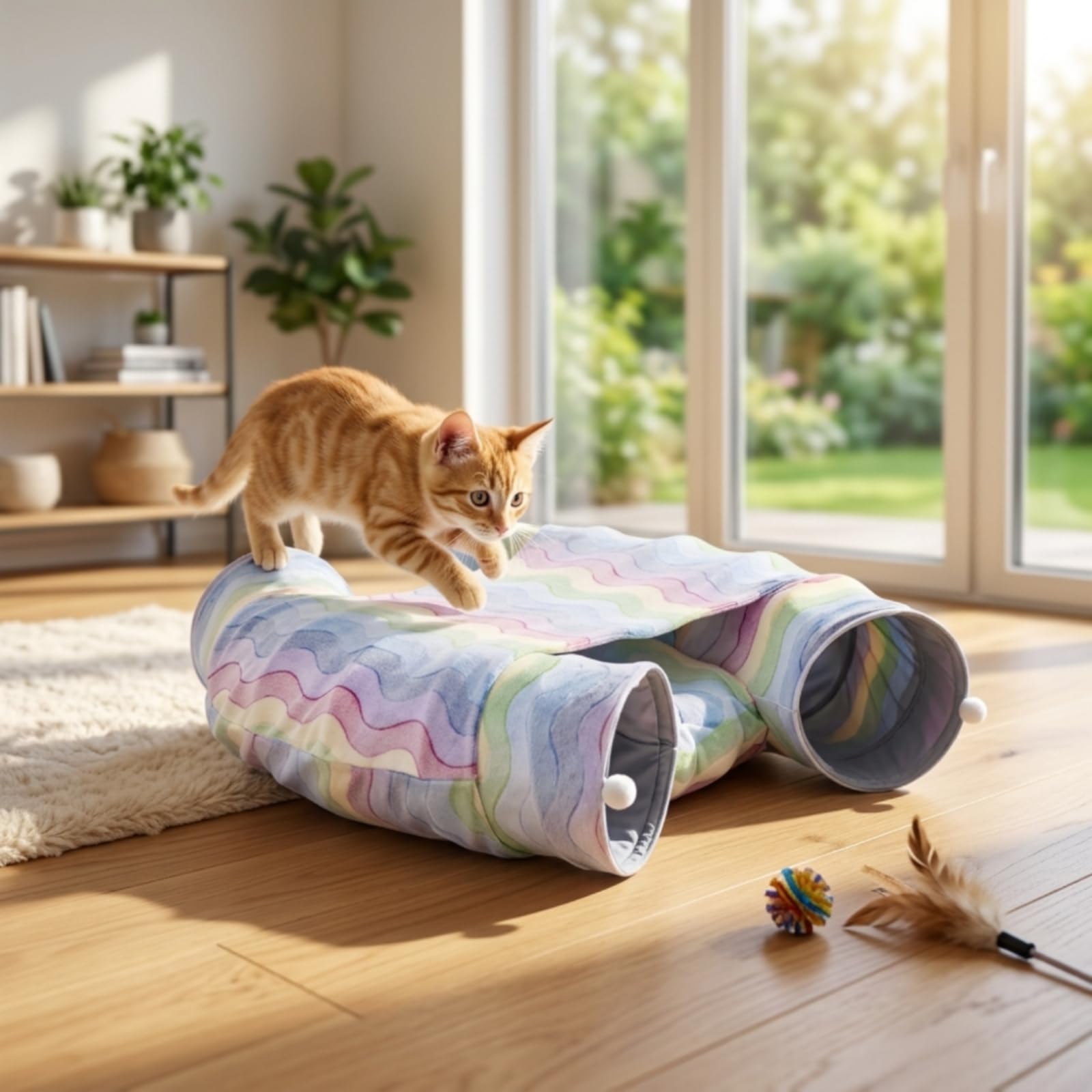 Conducto Peluche Acolchado Conducto Plegable Transpirable Juguete para s, Interiores, Túnel De Gato De Doble Capa con Diseño De Caracol De Rayas Arcoíris, Plegable para Juegos Interactivos