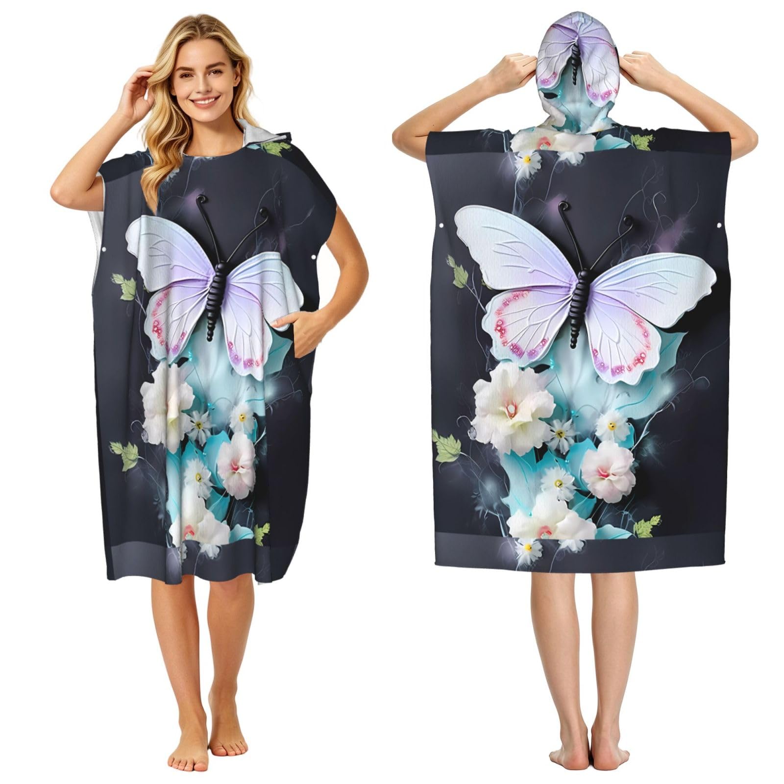 WSSYYBFWhite Butterfly Adult hooded beach towel Oversized with Hood for Absorbent Quick Dry