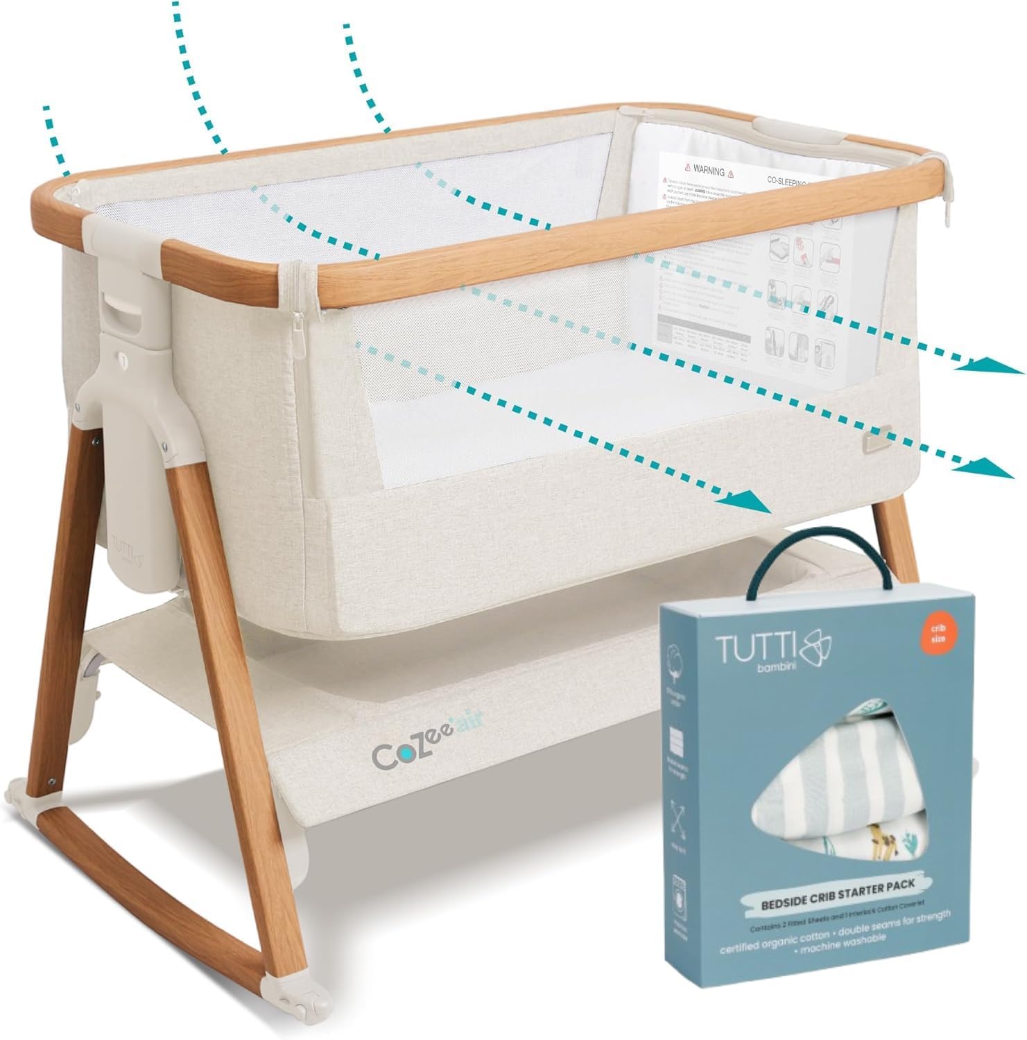 Tutti Bambini CoZee® Air Bedside Sleeper & Baby Bassinet Bundle with Organic Cotton Bedding Starter Pack (Run Wild) – Fast-Folding Co-Sleeper, Airflow Mattress, 6 Heights, Newborn Essentials 0–6 Month