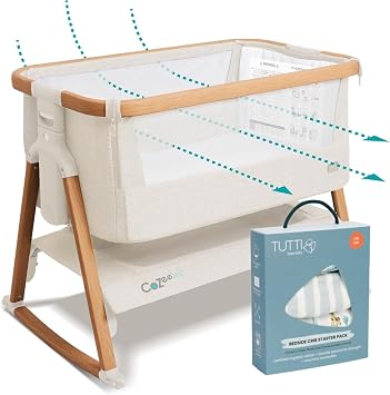 Tutti Bambini CoZee Air Bedside Sleeper & Baby Bassinet Bundle with Organic Cotton Bedding Starter Pack Run Wild Fast-Folding Co-Sleeper, Airflow Mattress, 6 Heights, Newborn Essentials 06 Month