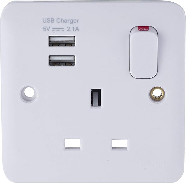 Schneider Electric Lisse White Moulded - Switched Single Power Socket 13 A Single Pole with 2 USB Charging Ports 2.1A shared GGBL30102USBAS White