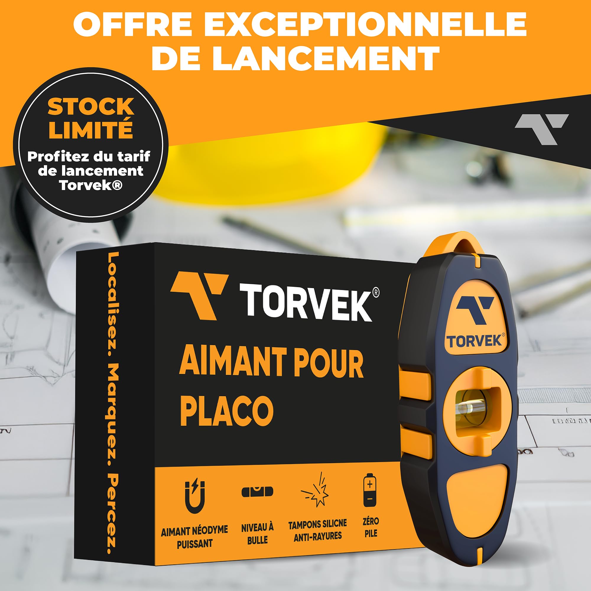 ✮ Marque Française ✮ Aimant Pour Placo Puissant Neodyme – Détecteur de Rails et Montants Métalliques – Niveau Intégré – Outil Pro Plaquiste, Électricien, Plombier