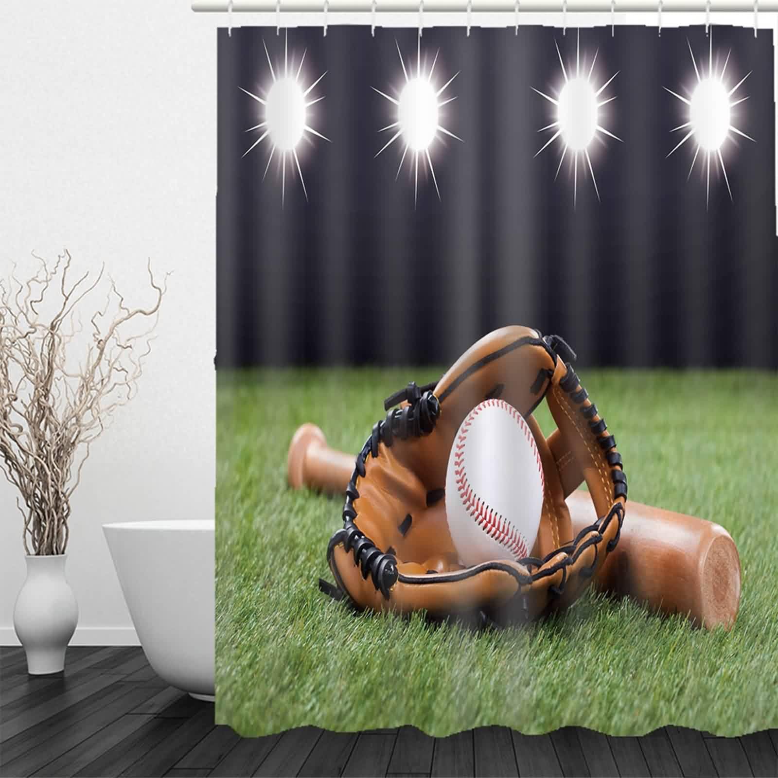 Duschvorhang Camping Badevorhang Ringe Baseball Spielen Stoff Hotel Badvorhanghalter Weiß Schwarz Grün Braun Perfekt Für Familienbäder 220x180cm
