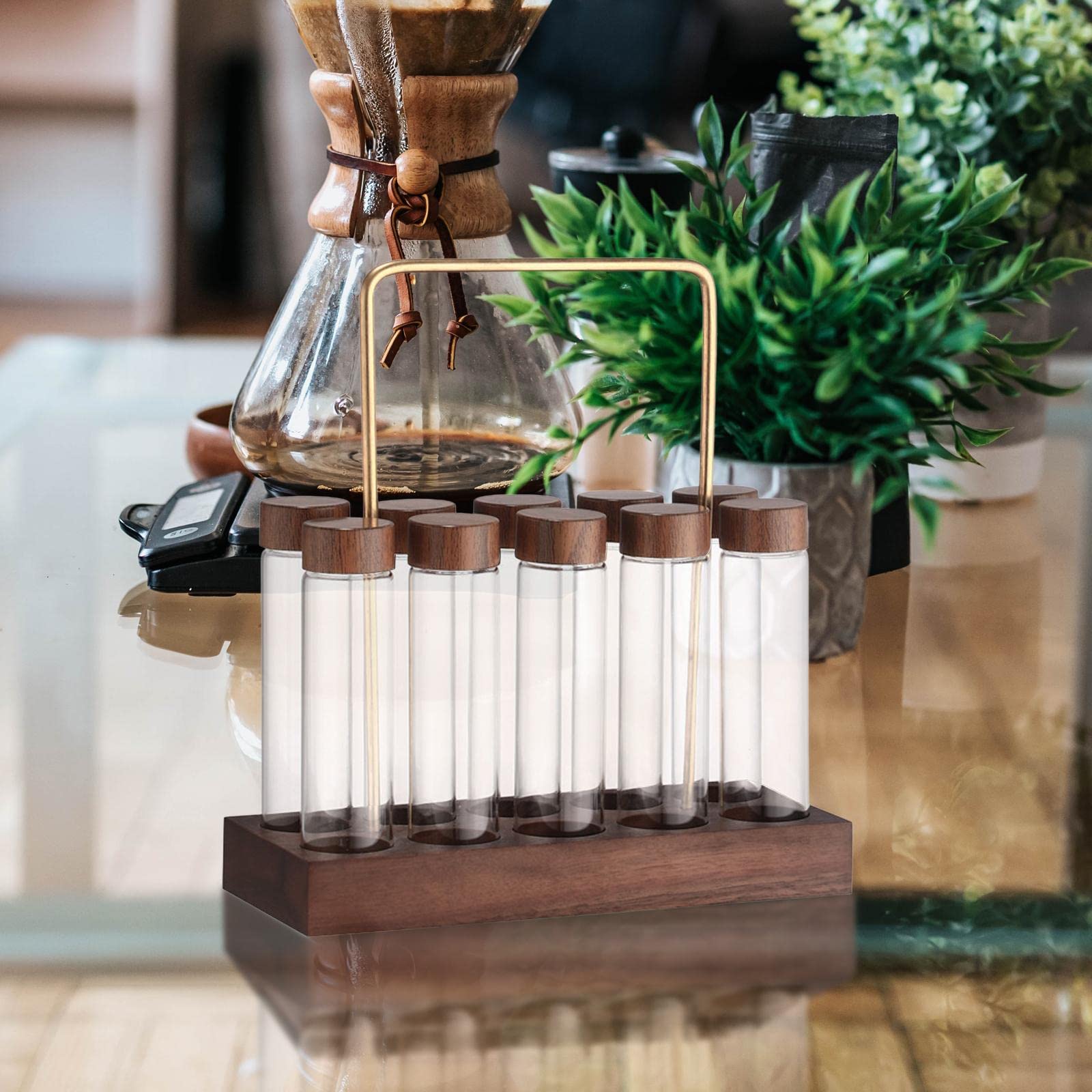 perfk 10 Stück Einzeldosis-Kaffeebohnen-Aufbewahrungsröhrchen mit Holzständer, luftdicht versiegelte Glaskanister, Röhrchen, Kaffeebohnenkeller