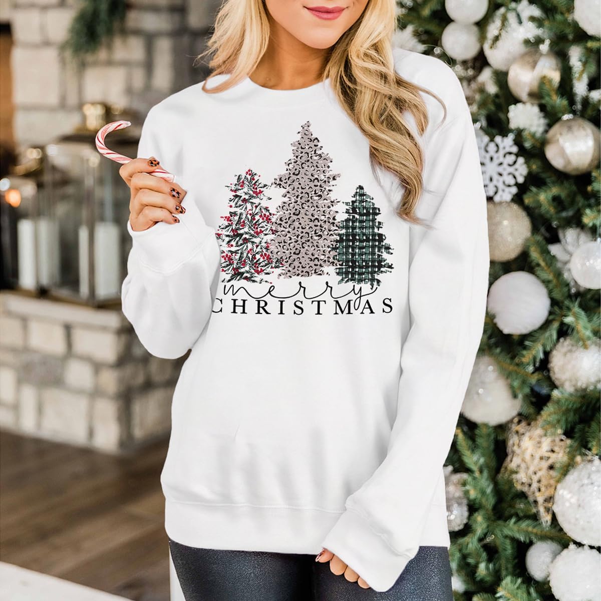 IZYJOY Merry Christmas Sweatshirt for Women Xmas Tree Graphic Long Sleeve Pullover Crewneck Oversized Lightweight Holiday Top - Image 2