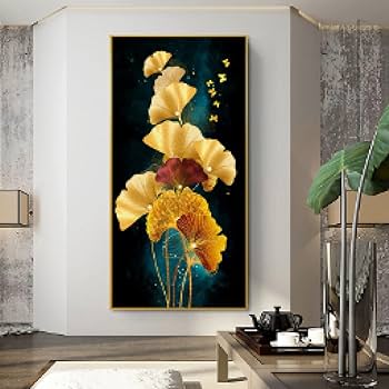 Amazon.co.jp: 花のキャンバス絵画イチョウ葉黒背景壁画現代壁