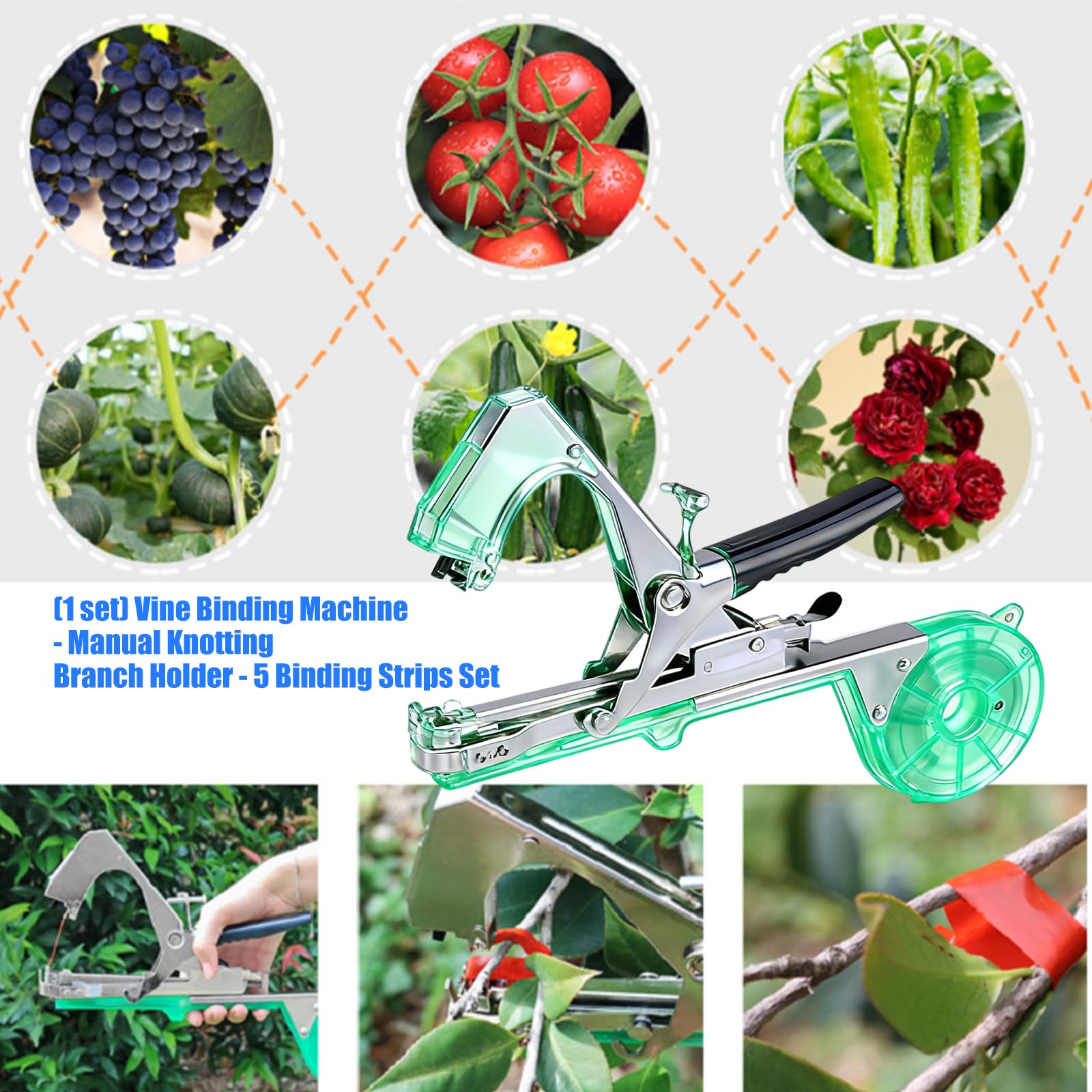 Máquina de atado manual de vid para plantas de jardín, herramienta de encuadernación de mano con correas para tomates, pimientos, uvas, enredaderas