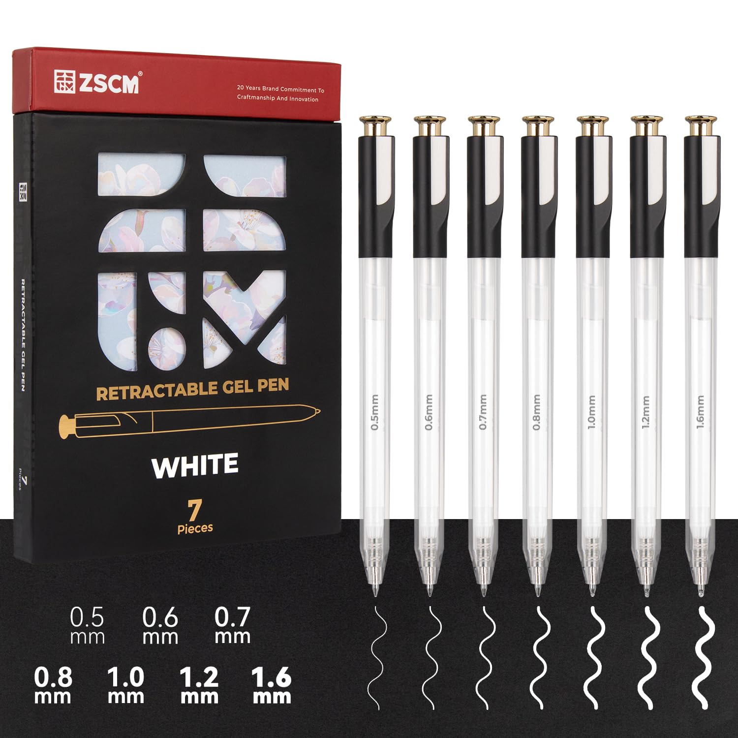 Retractable White Gel Pen, 7 Nib Sizes - Precision Large Capacity Opaque White Archival Gel Ink Pens, Fine Point Smooth Writing Highlighter Pens for Black Paper Note Taking Aesthetic Art Supplies