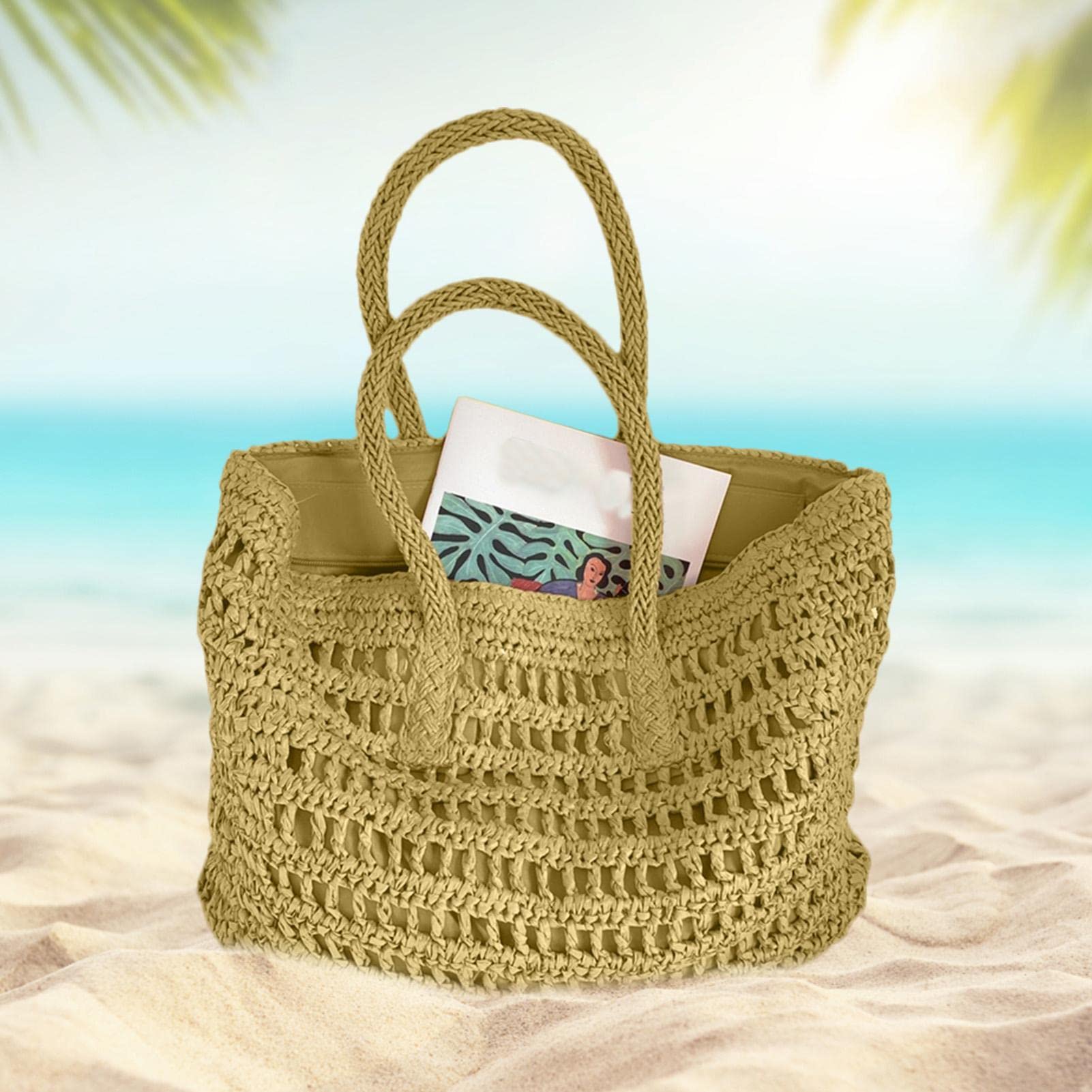 3 sztuki Duża torba ze słomy | Ręcznie tkana torba rattanowa Ręcznie wykonana torba na ramię ze słomą plażowa Summer Bag,Słomkowa torba plażowa dla kobiet, duża tkana letnia torba Torebka Torba na