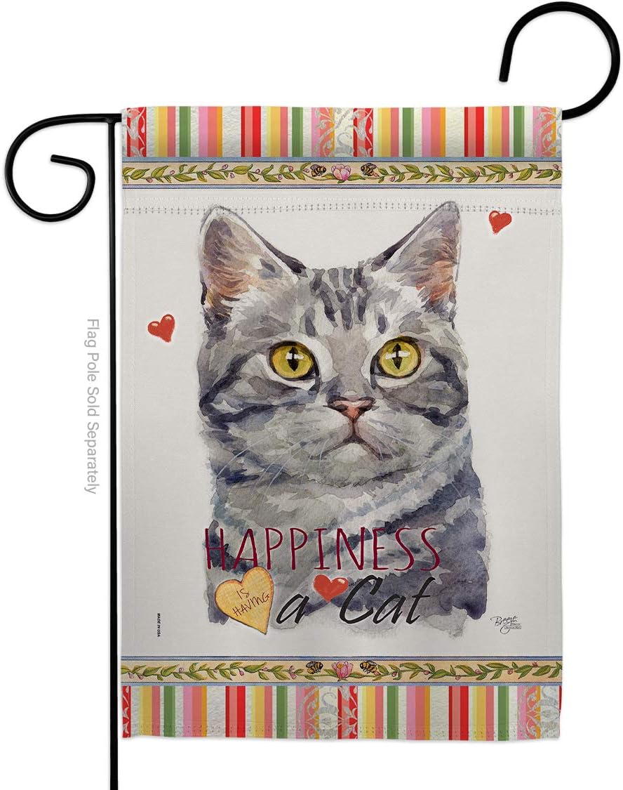 Red American Short Hair Happiness Garden Flag Set Wall Holder Animals Cat Kitten Meow Spoiled Paw Fur Pet Nature Farm Animal Creature Small Gift Yard House Banner Double-Sided Made In USA 13 X 18.5
