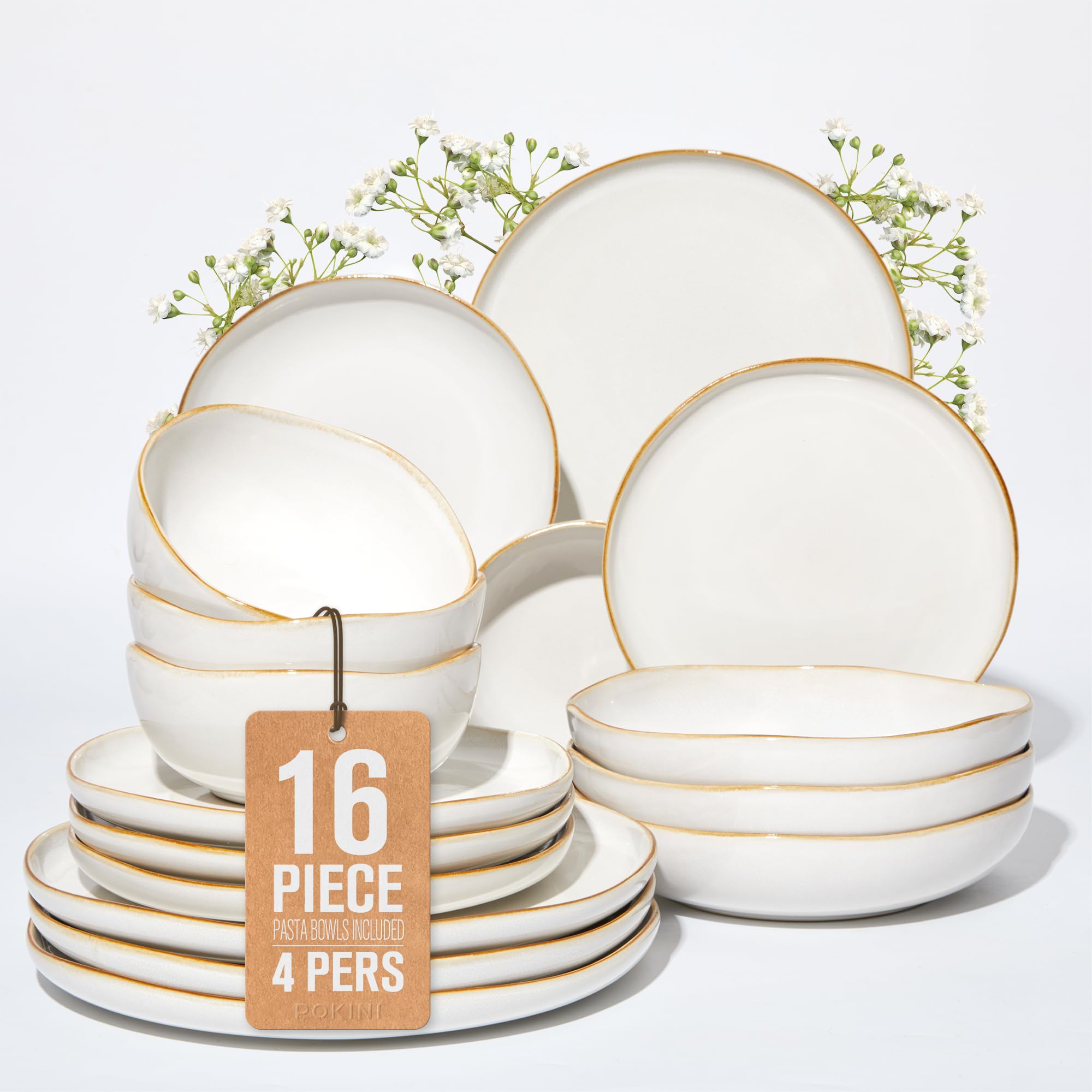 Pokini Stoneware Dinnerware Sets for 4, 16Pcs Ceramic Plates and Bowls Sets