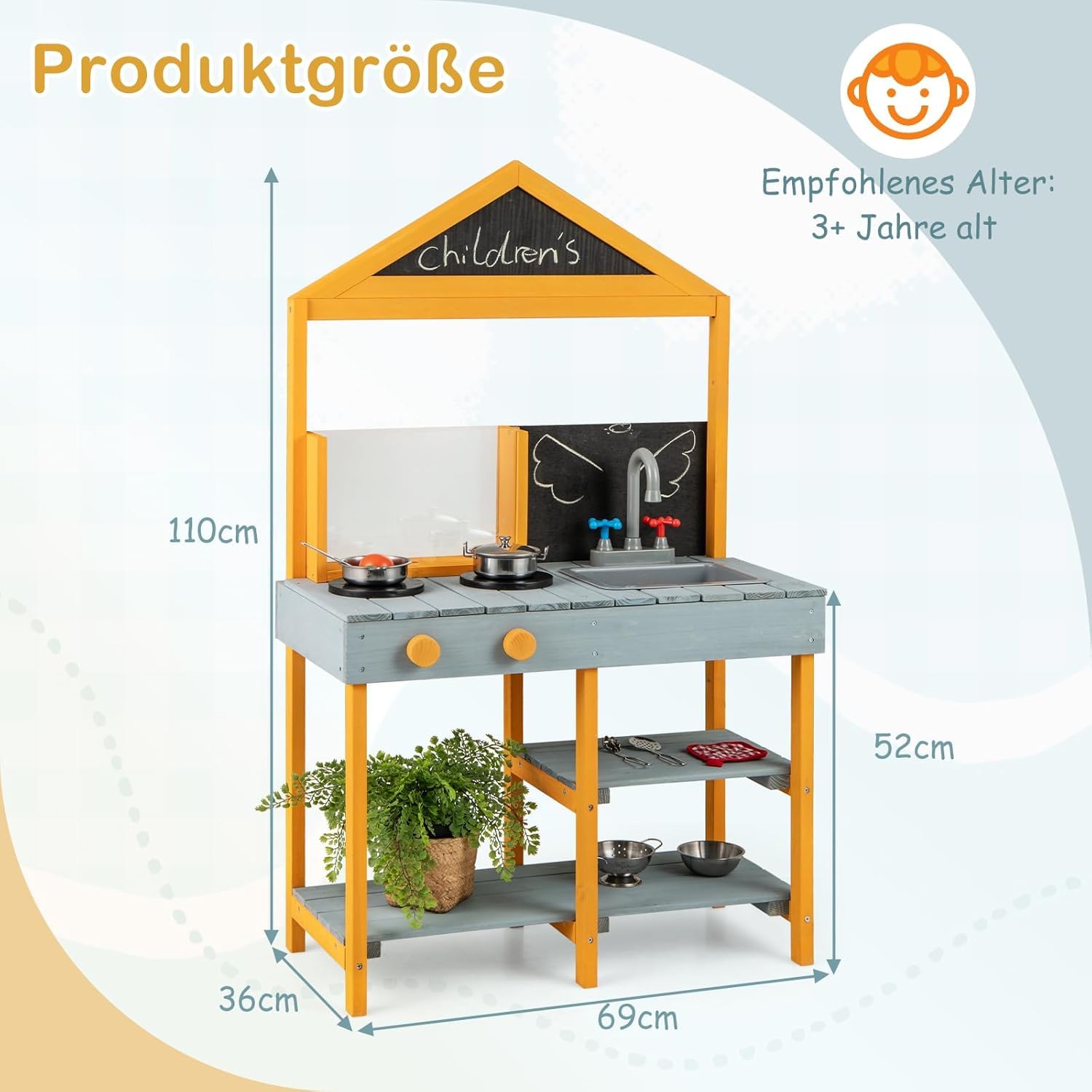 FANTASK Matschküche Kinder Outdoor, Kinderküche Tannenholz mit Pflanzbehälter & 2 Kreidetafeln & Wasserhahn & Waschbecken (Blau)