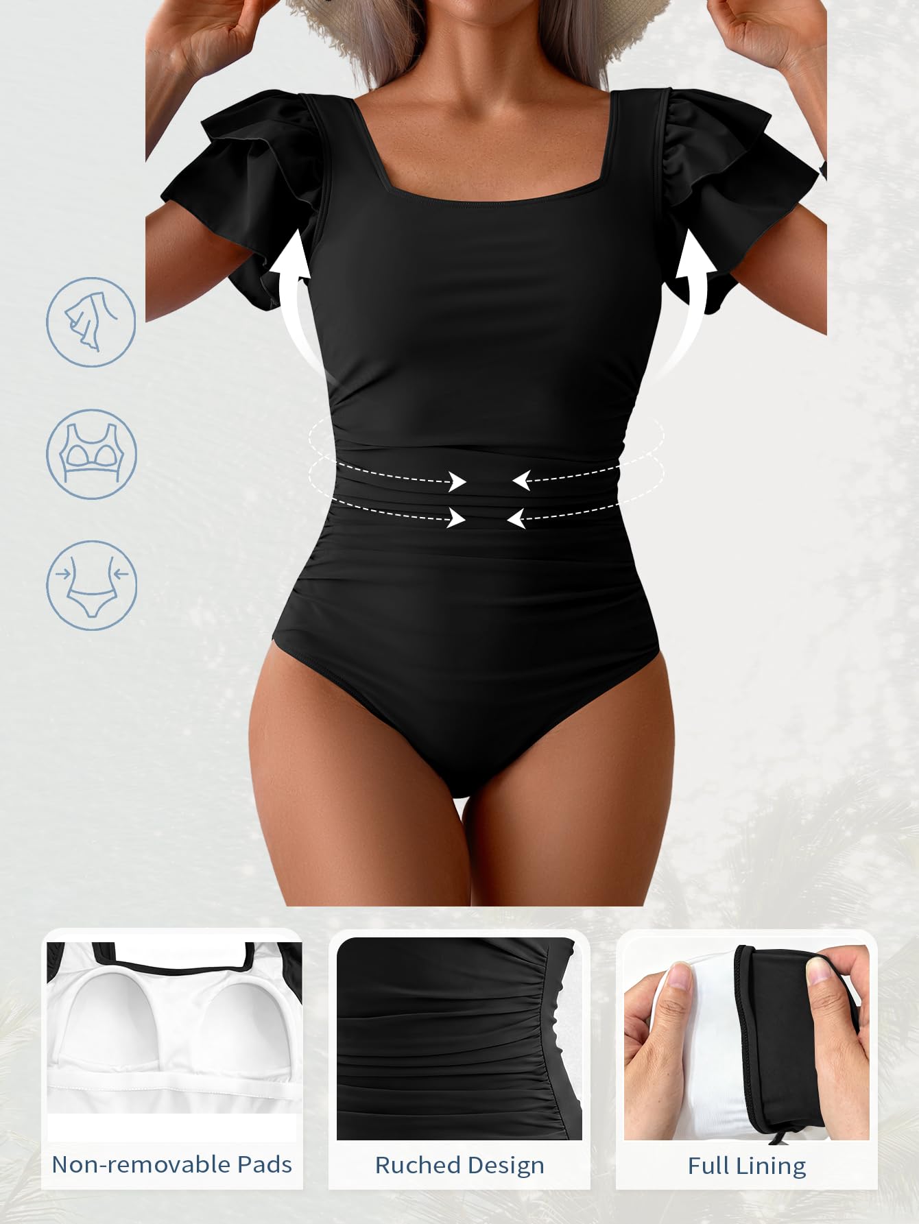 Eomenie Traje de baño de una pieza con control de abdomen para mujer, cuello cuadrado, fruncido, espalda recortada, adelgazante