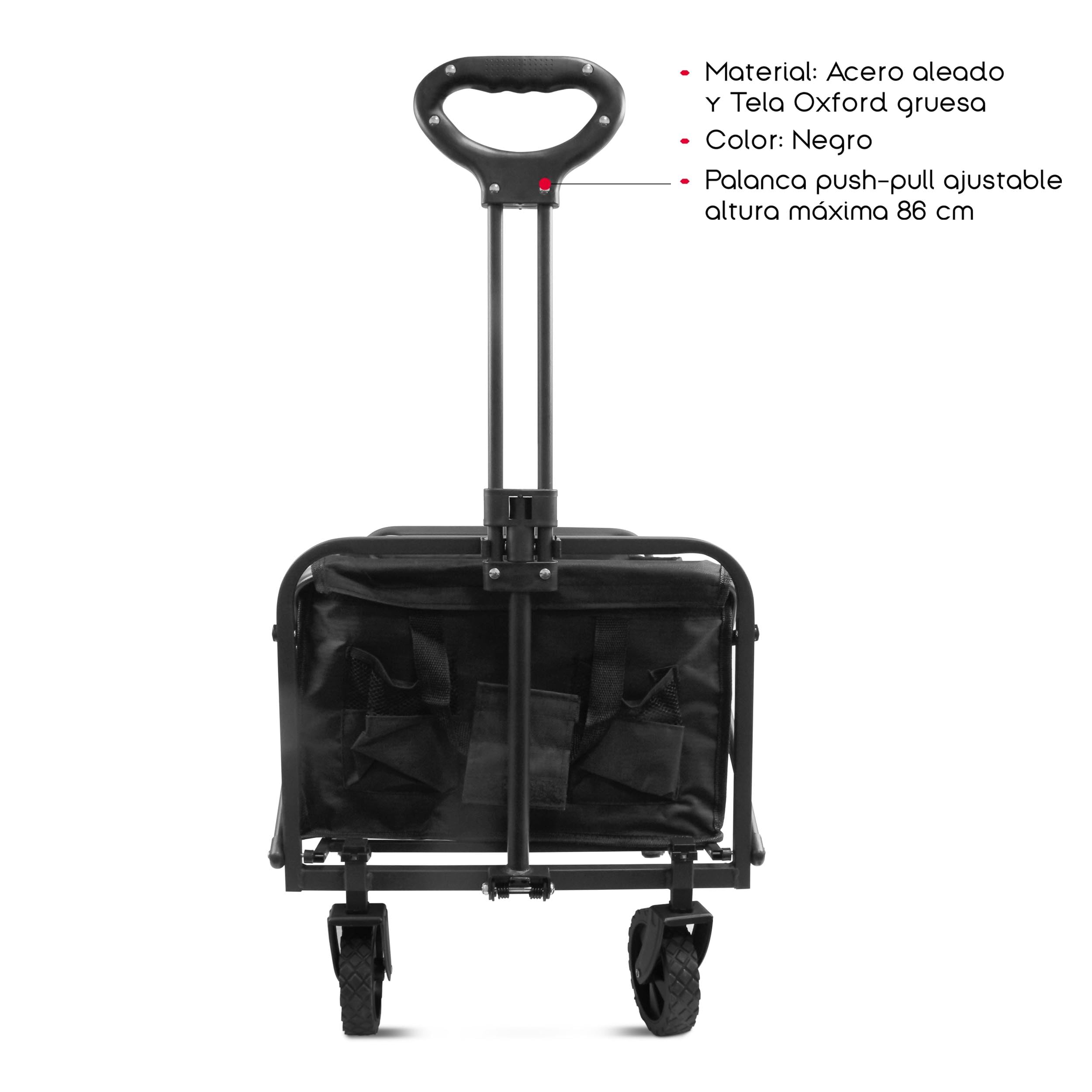 TIENDA EURASIA – Carro Playa | Plegable | Material Acero Aleado y Tela Oxford | Color Negro | 4 Ruedas silenciosas de 360º | Medidas 76x49x63/86 cm | Peso Máx 120 Kg | Palanca Push-Pull Ajustable
