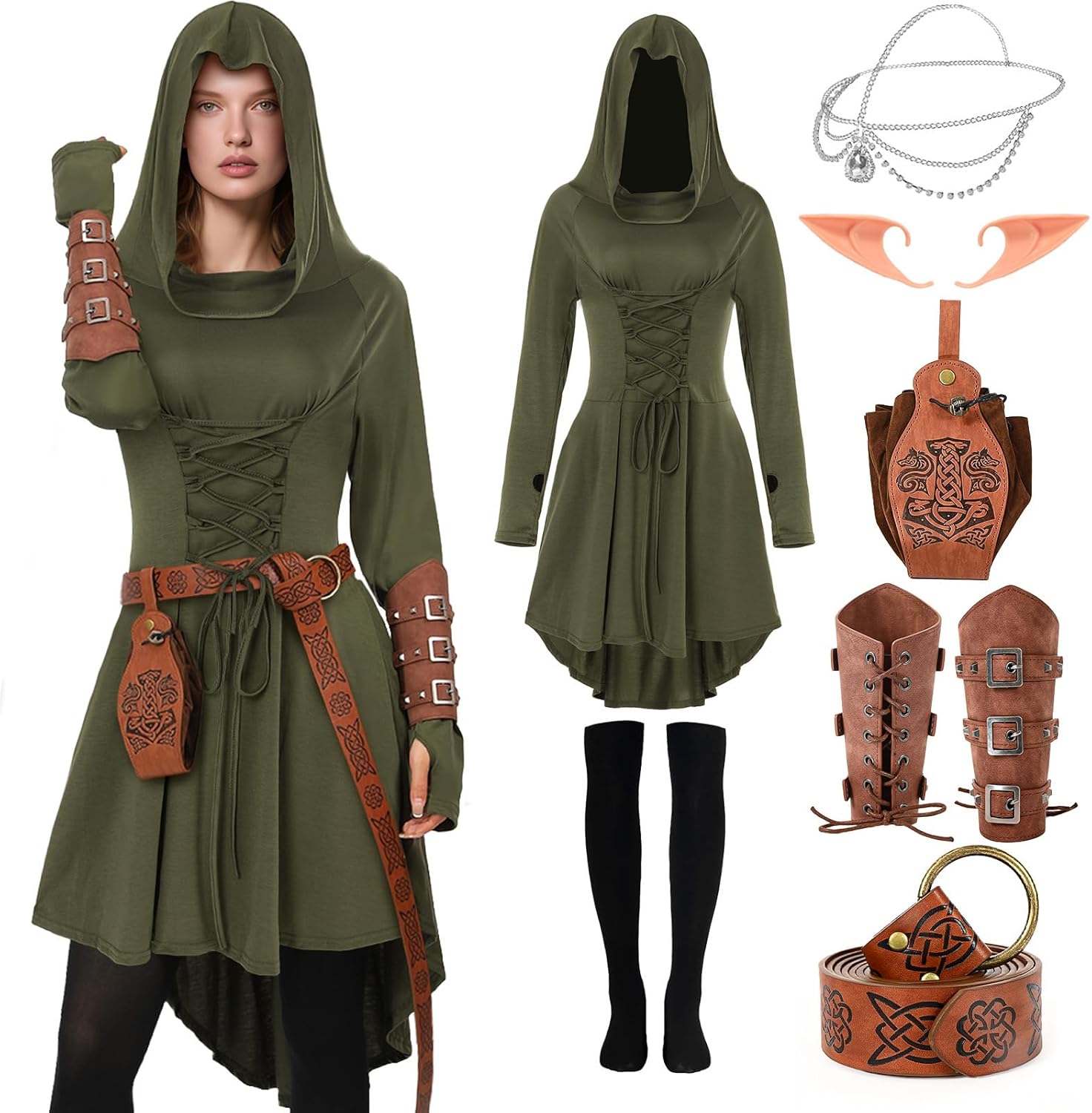 Medieval Forest Elf Costume Ren Faire Renaissance Fairy Hooded Dress Apocalypse Dune Huntress Warrior Knight Outfit