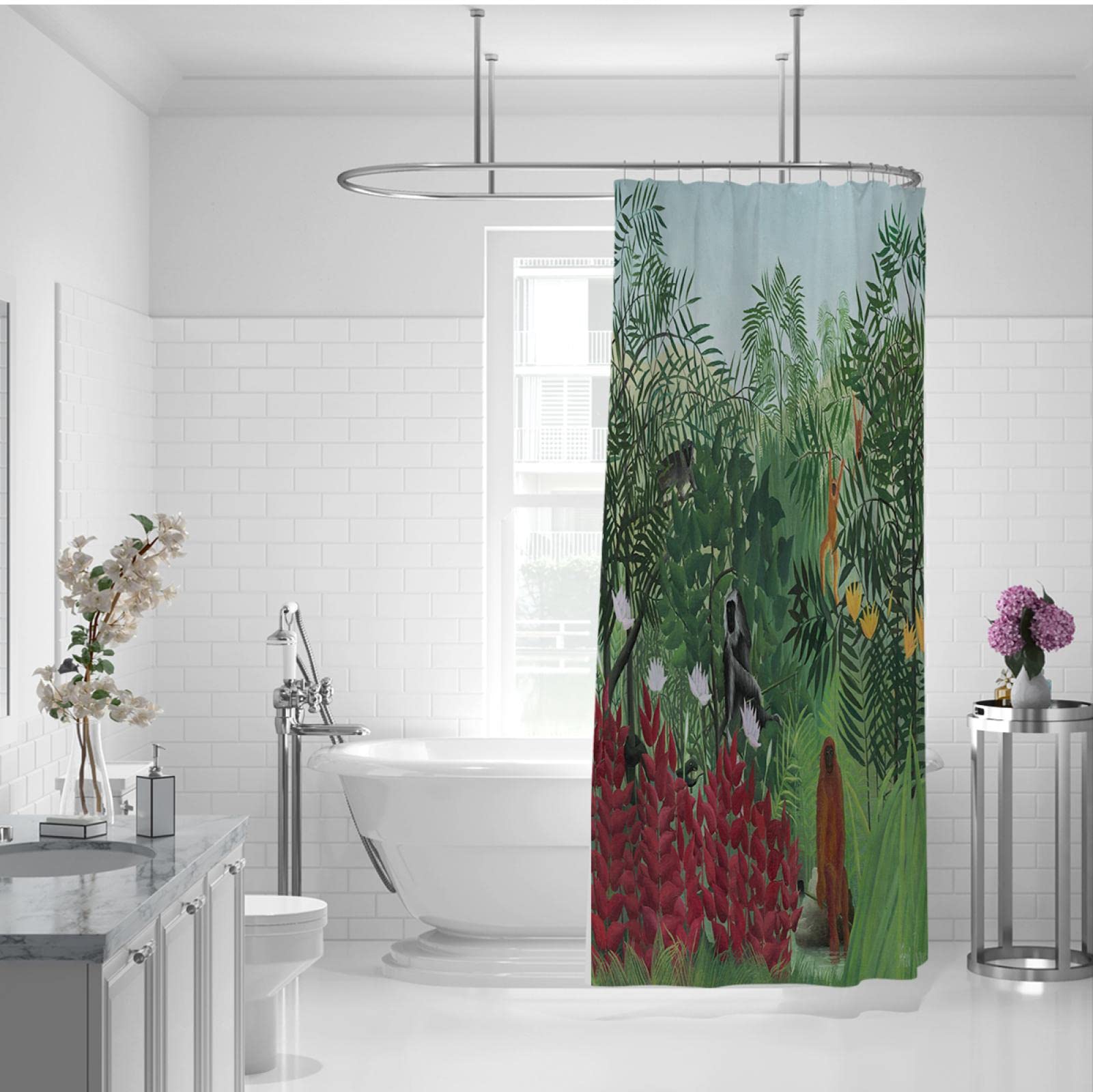 Henri Rousseau Impresión de Obras de Arte en Cortina de Ducha Tropical Jungle Impermeable Tela Revestimiento de Cortina de Ducha para baño Diseño de Calidad de Hotel W150 x L200cm