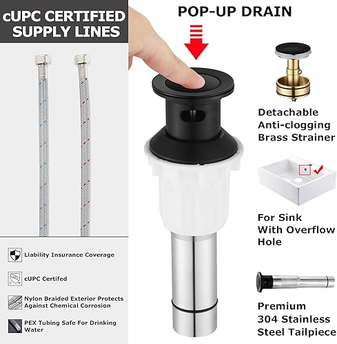 Miniatura 5 de EZANDA Grifo de baño de cascada de latón de 3 agujeros, grifo de lavabo de tocador generalizado de dos manijas con líneas de suministro de grifo y