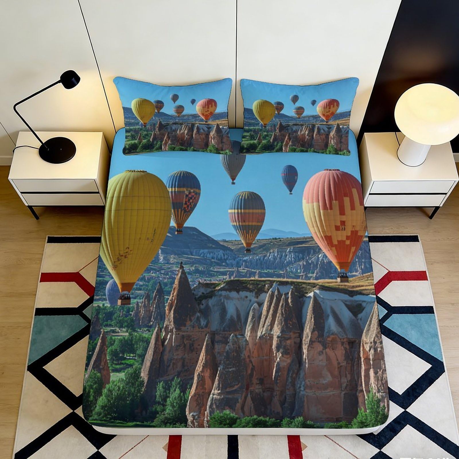 Pnayamiorkfel Style-4 3D Printed Hot Air Balloon Fitted Sheet Microfiber Scenic Landscape Bed Cover For Bedroom Guest Room Dorm Decor Protection 90X200x25cm