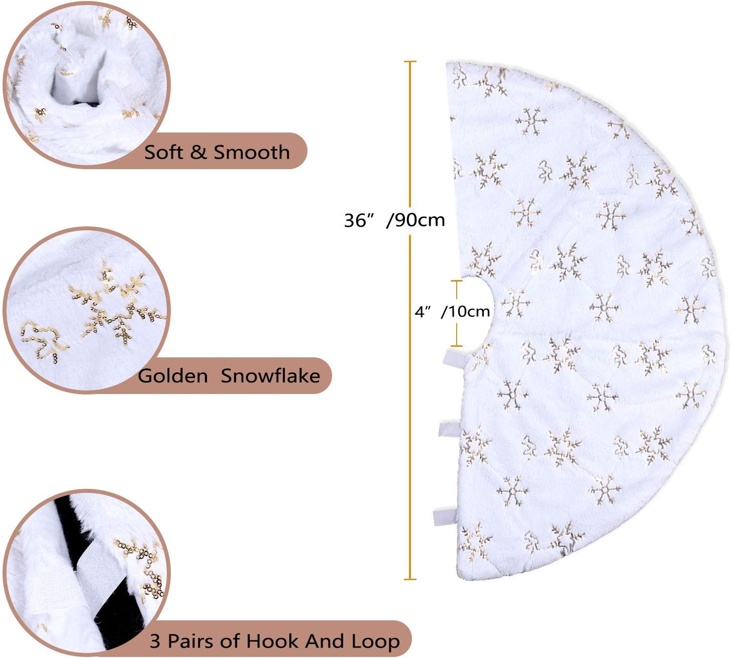 Christmas Tree Skirt - 36 Inches for Small Trees, White Soft Faux Fur Tree Skirt for Christmas Decorations Indoor Outdoor - Golden Snowflake