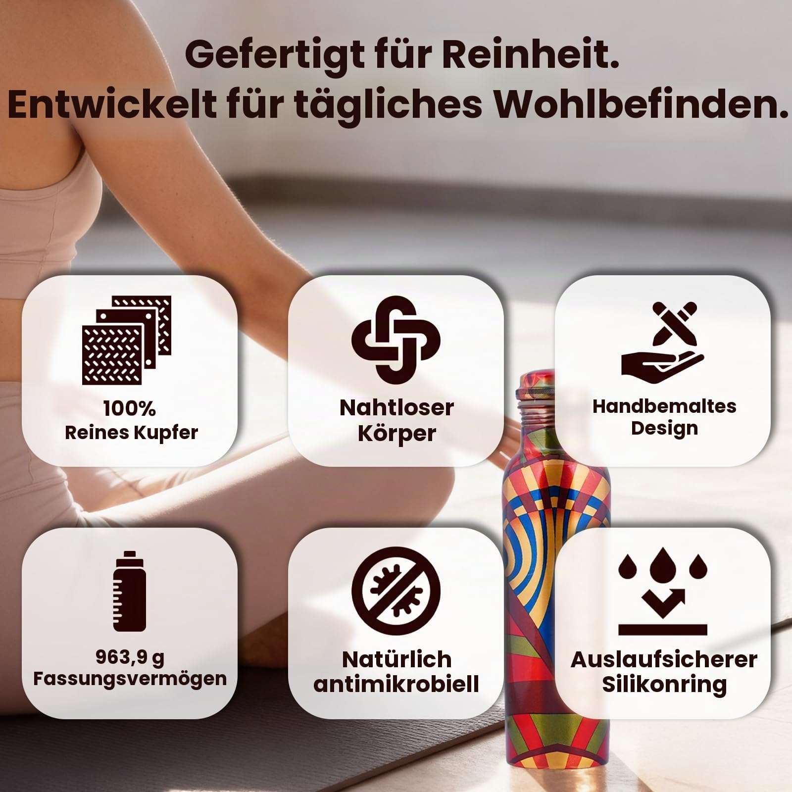Craft Trade Trinkwasserflasche Kupfer Trinkflasche Rein Rot Flasche Wasserflasche mit Deckel und Tragetasche 34oz/1000 ml Auslaufsicheres Ayurveda Kupferflasche für Büro und Yoga- 2