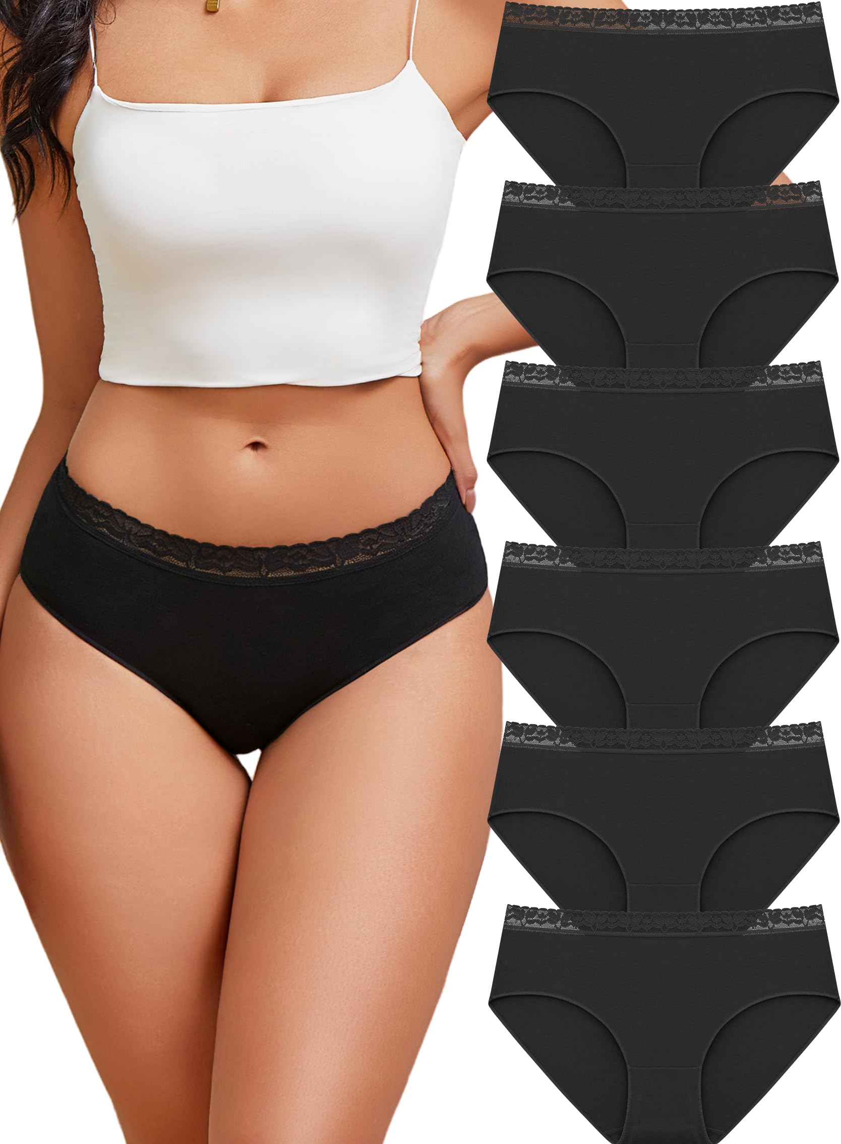 Photo 1 of READY TO LOVE Cotton Underwear for Women 6 Pack Bikini Sexy Full Coverage Panties Lace Waistband Ladies Hipster